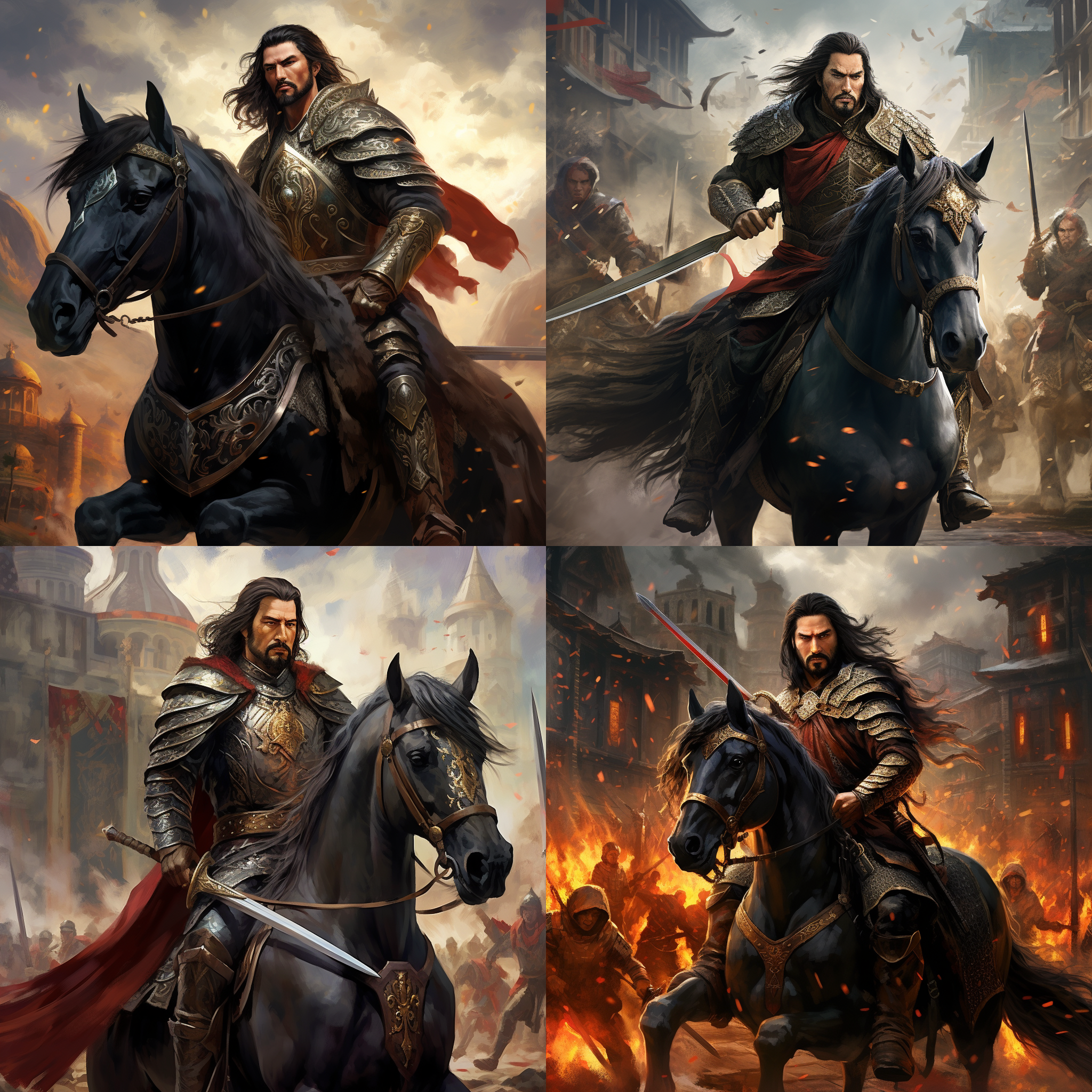 穿越法兰克的曹操，有着黑色的长发，身穿法兰克铠甲，手持战斧，骑着马站在一座中世纪的法兰克城堡前面。冷色调，威严