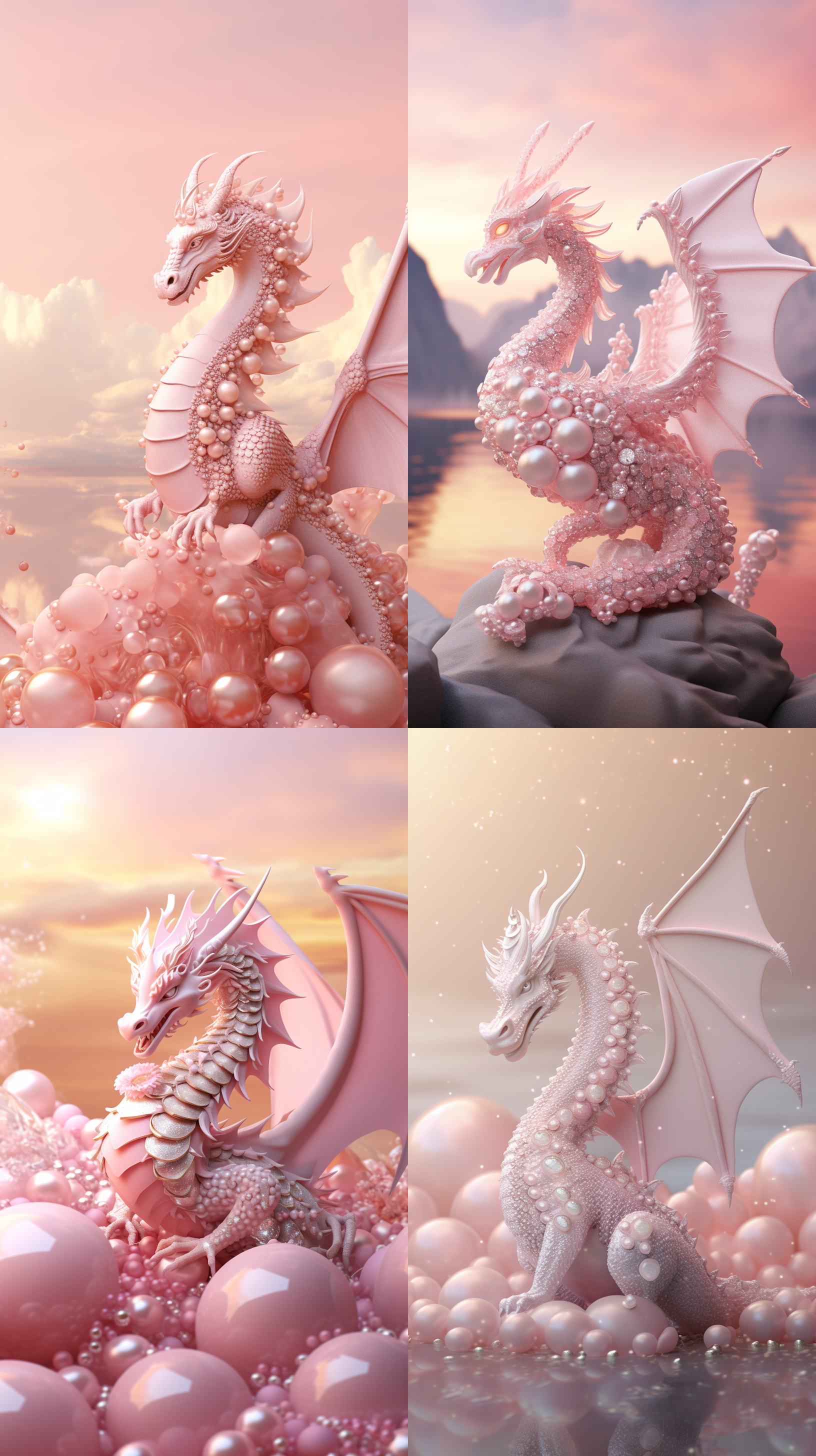 珠光粉色的龙，由小小珍珠组成的龙身，背景是淡粉色云朵。粉色主调，珠光宝气的光泽。细节完美，非常漂亮。珍珠装饰的美。构图精致，全身图，c4d,大场景！广角镜头，柔和侧光，高饱和度。优雅，神秘，华丽