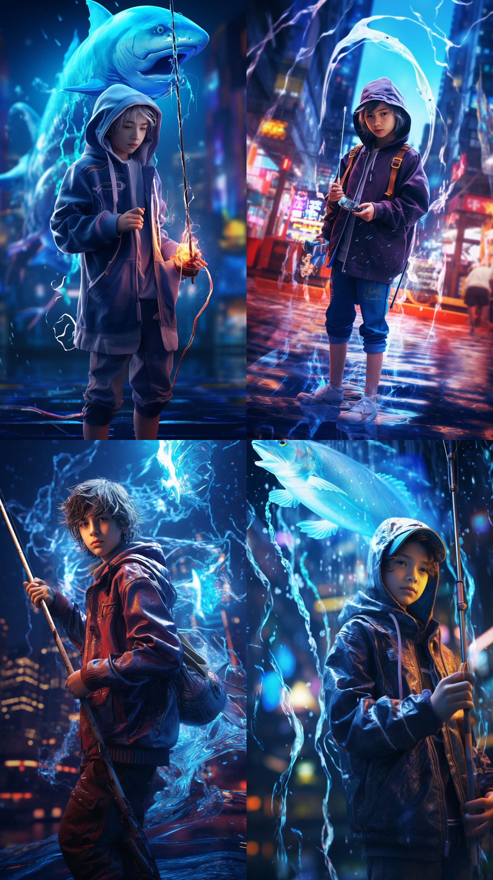 路亚，男孩左手拿鱼竿钓鱼，鱼钩是一只鲨鱼搏斗，赛博朋克风格，高清，16k高清，科技，c4d，夜晚城市，霓虹灯光，长曝光，动感，钓竿弯曲，水花溅起，神秘色调，兴奋