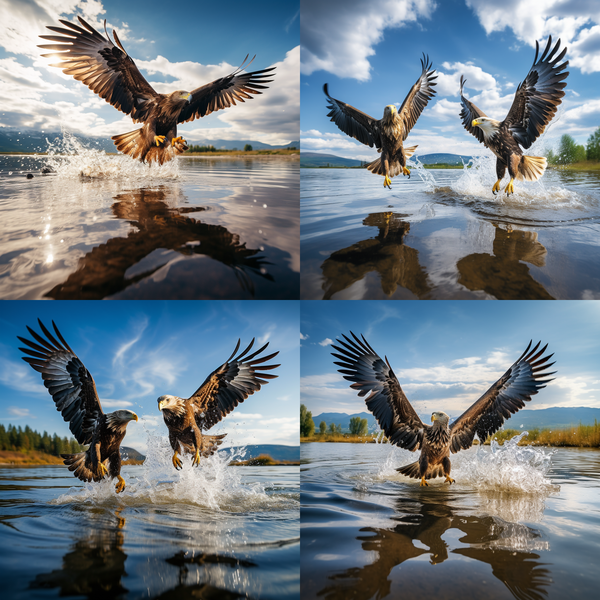 金雕在水面上展翅，水花四溅，蓝天白云，长焦镜头，背景虚化，