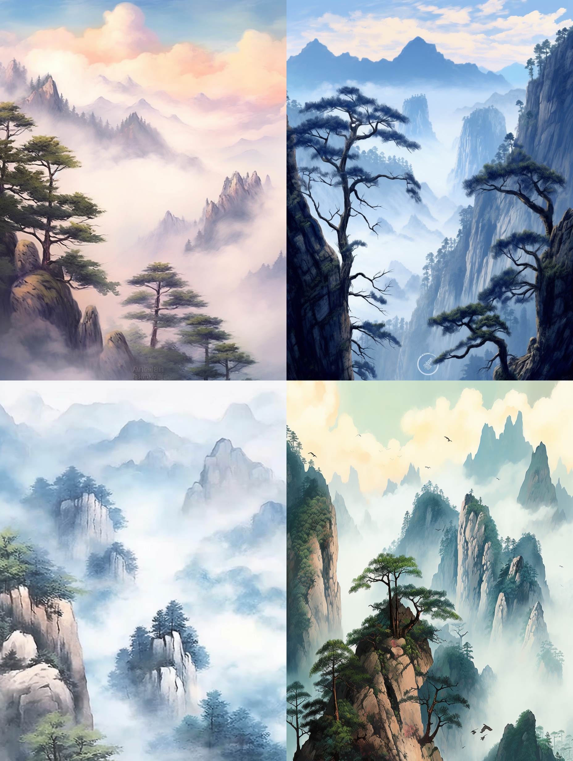 挺拔松树，山顶，云海背景，千里江山图色彩，国画风格，长焦镜头，垂直构图，柔和光线，静态，宁静，平和。