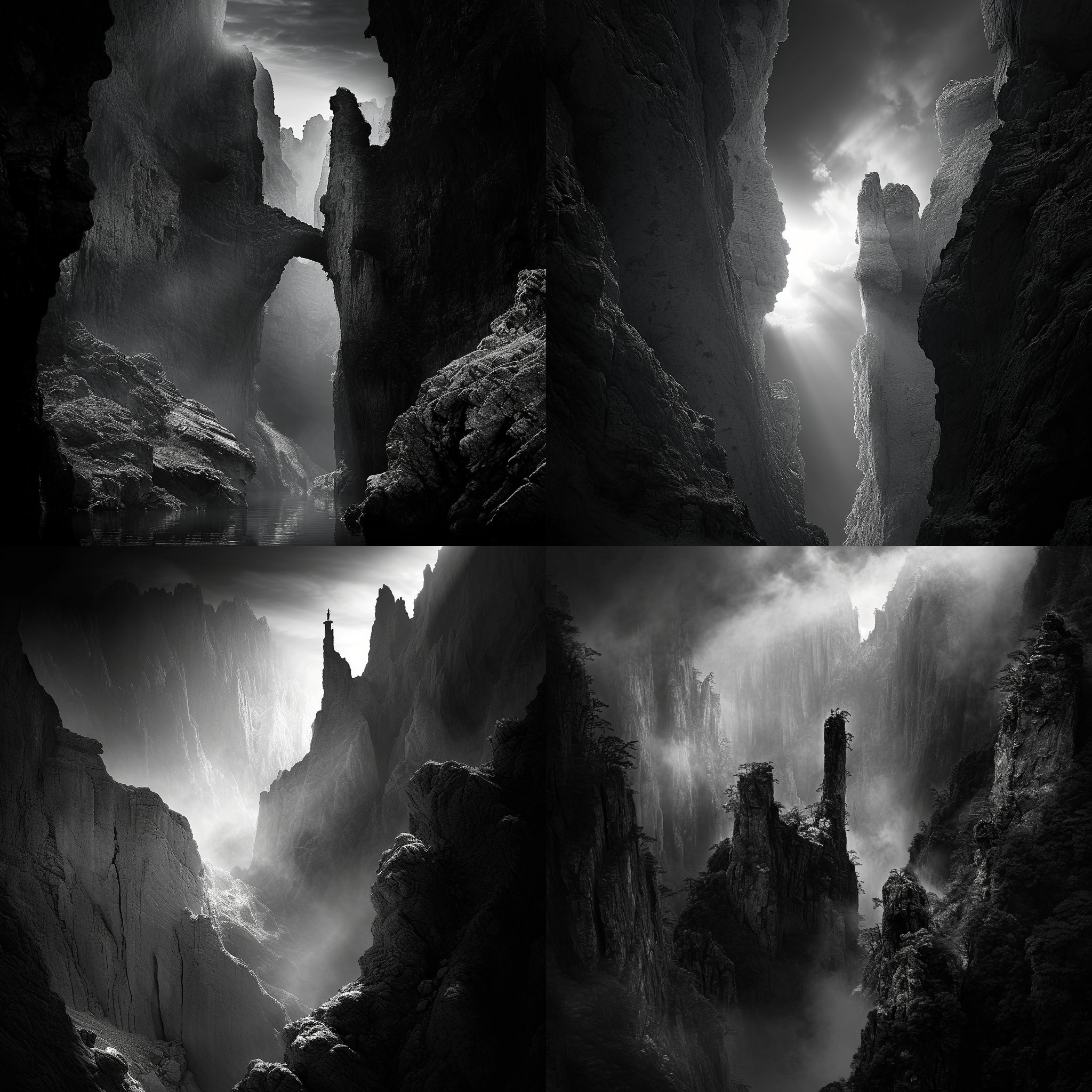 超真实，高清黑白摄影风格照片，奇幻哈密大海道雅丹地貌自然风景，16:9画幅，明暗对比强烈，细节丰富，纵深感，梦幻般的视觉冲击。高清晰度，细腻情感表达，黑白摄影风格，明暗对比强烈，高清。