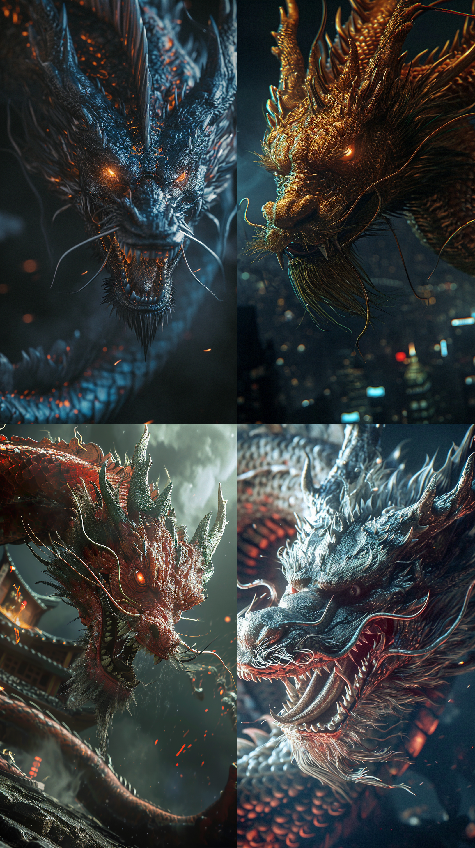 chinese dragon,colossal creature,dark night,above the city,surging energy,look up,high detail,quixel megascans render，back lighting，gothic gloomy，hyperrealism，extreme closeup view，third-person perspective，frontal view