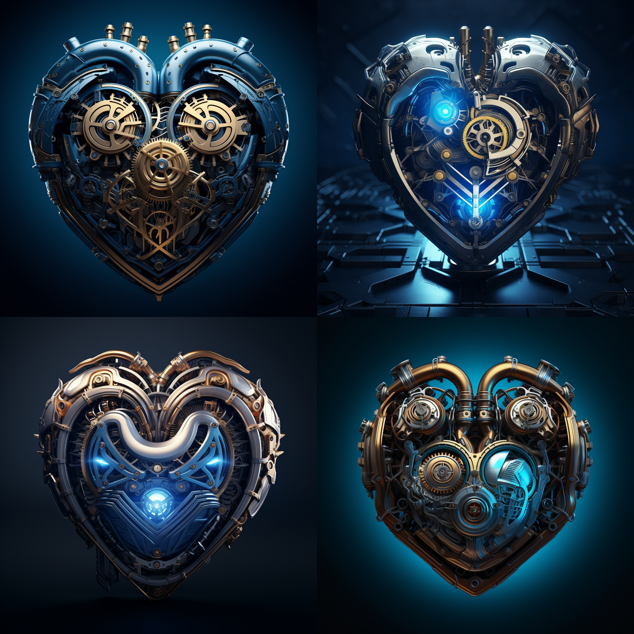 机甲心脏，高角度俯瞰，黑暗背景，发光效果，机械感，微焦距，蓝色调，细节丰富，动态线条，震撼。