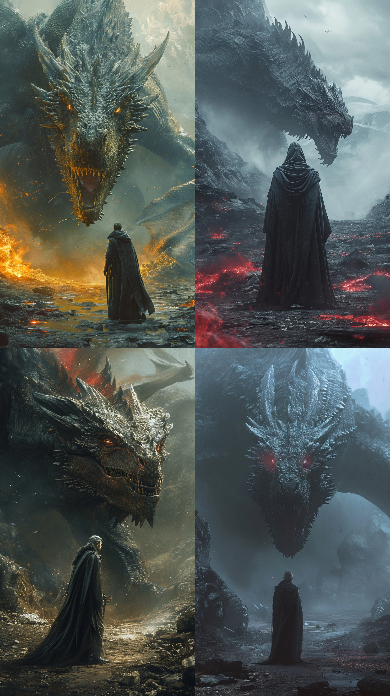 黑袍男子与巨龙，史诗般构图，哑光油画，幻想艺术，电影灯光，c4d渲染，超高分辨率，精细细节，32k，栩栩如生，神秘氛围，暗色调，细腻笔触，壮丽景象。