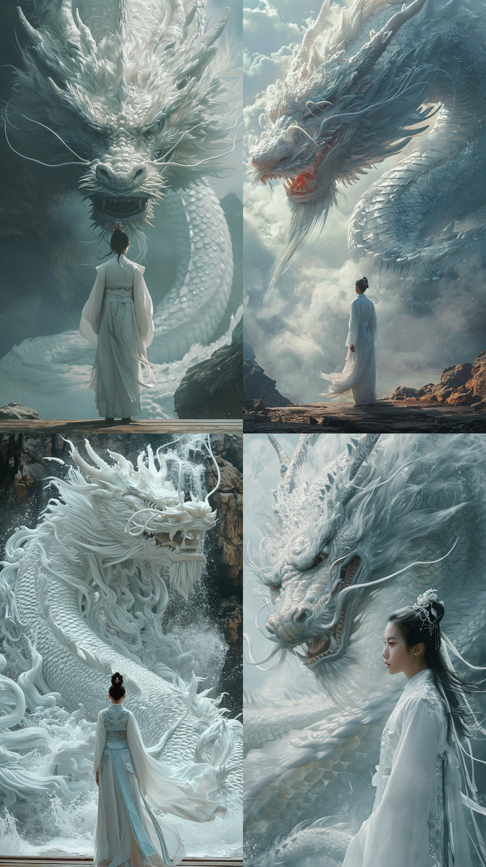 中国少年着白色传统服饰与巨型白色中国龙对视，哑光油画，幻想艺术，电影灯光，c4d渲染，超高分辨率，精细细节，32k，栩栩如生，神秘氛围，暗色调，细腻笔触，壮丽景象。