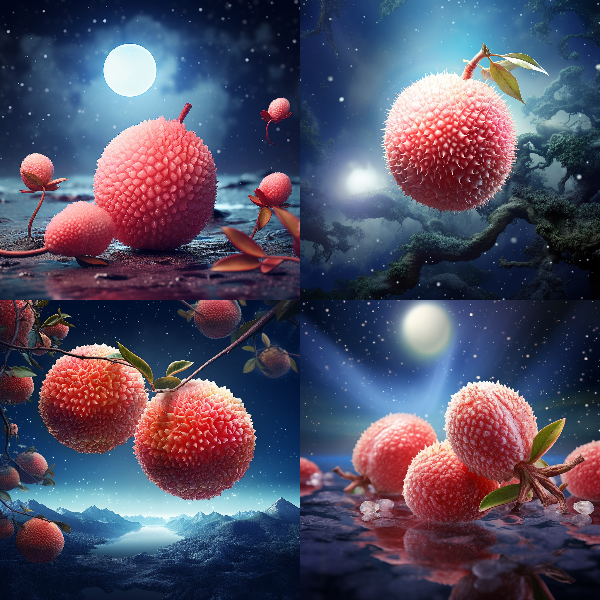 荔枝水果，梦幻科幻风格。在月球背景下，荔枝水果晶莹剔透，高度细节刻画，呈现出3d渲染效果。构图独特，以主体荔枝为中心，配以星空背景。色调鲜明，运用高反差和饱和度，突出荔枝的色彩。光线柔和，从侧面照射，营造出梦幻的氛围。