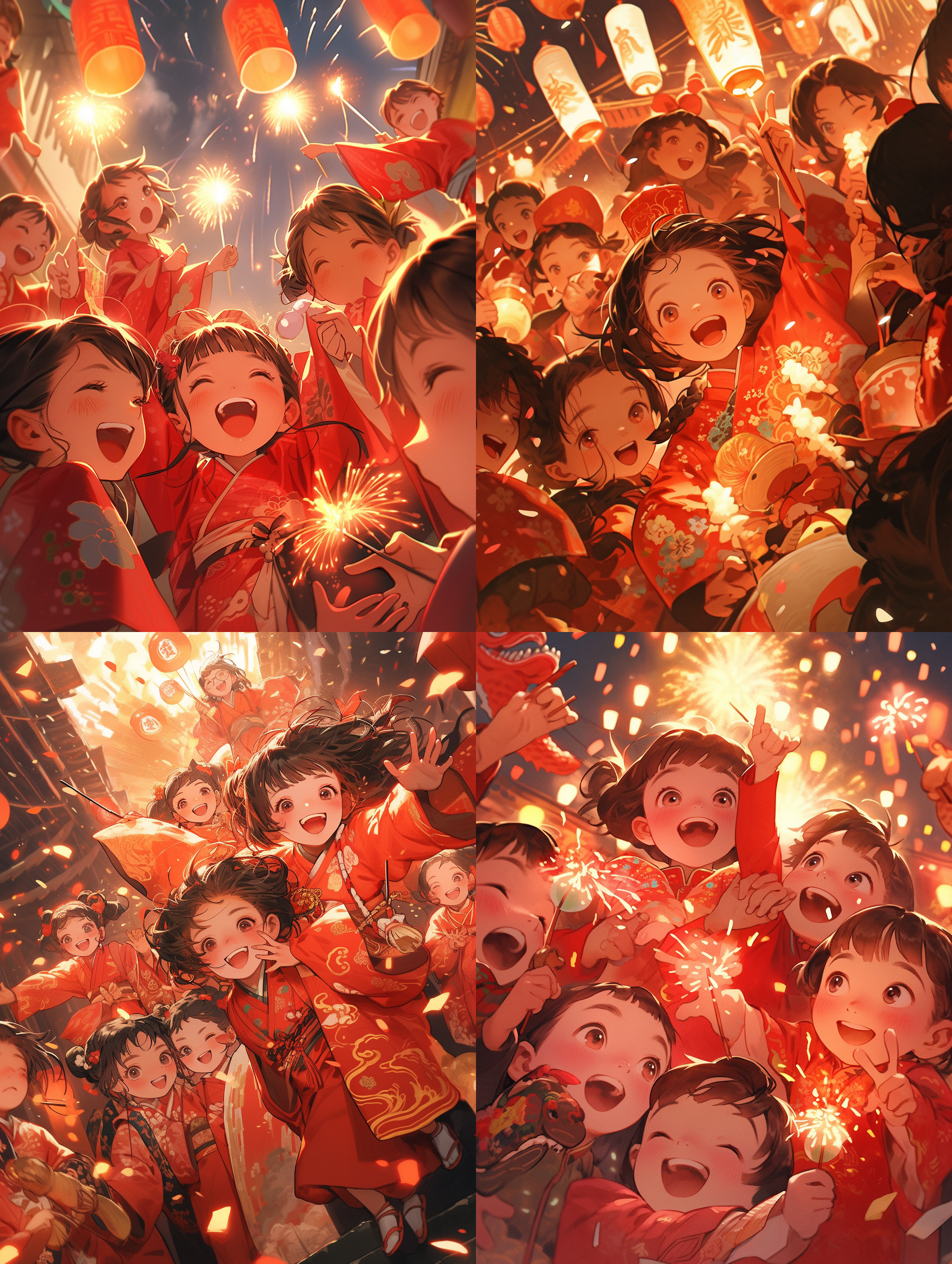 微信新年红包封面，中国龙图腾中心特写，穿着新年汉服的中国男孩女孩，红色主导，金元宝特写，烟花爆炸，光斑，快门延迟，鞭炮声，喜庆气氛，喜笑颜开。