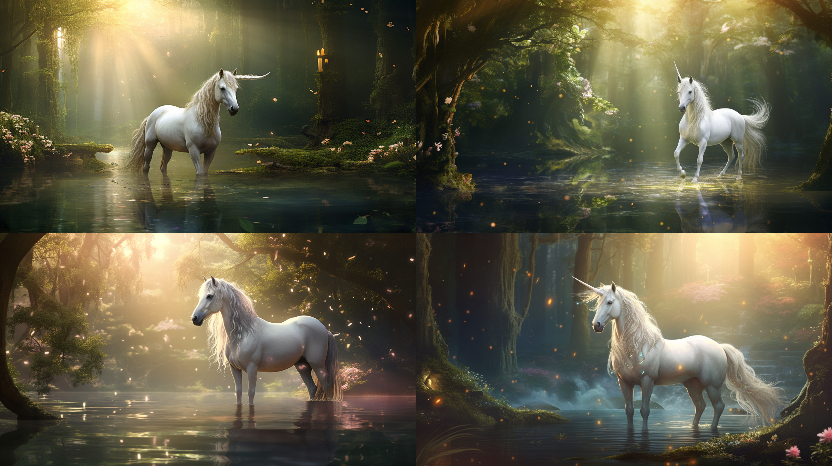 白色的独角兽，优雅地站在茂盛的森林中，阳光透过树叶洒落在它身上。独角兽头部高昂，长长的鬃毛随风飘扬。背景是一片神秘而宁静的湖泊，倒影中映出美丽的星空。细节清晰，画面柔和，色调温暖，给人一种神秘而梦幻的感觉。 奇幻森林 莫奈