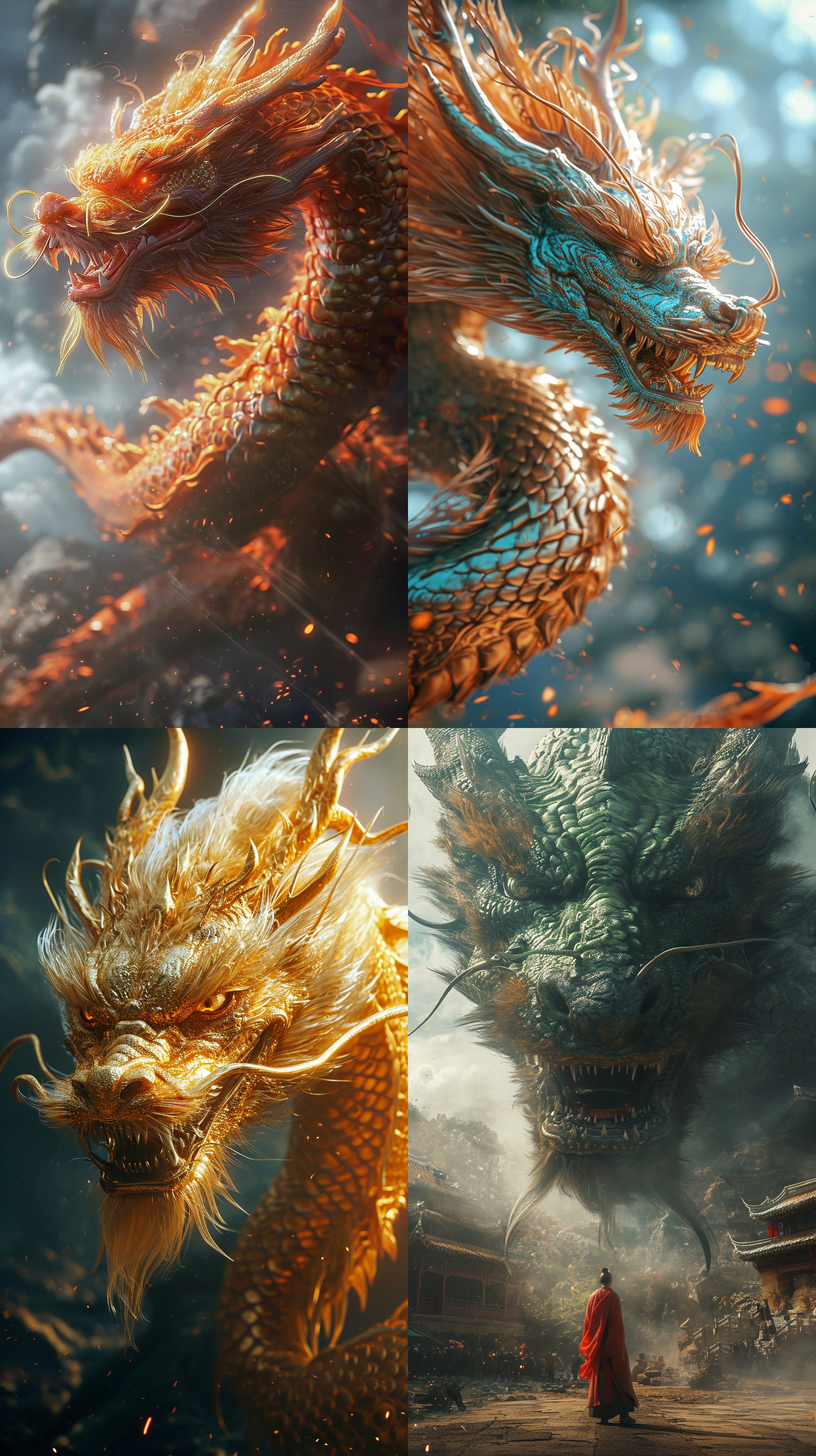 prompt. 巨型中国龙，大场景，电影灯光，c4d渲染，超高分辨率，精细细节，32k，巨龙栩栩如生，气势磅礴，华丽背景，动感