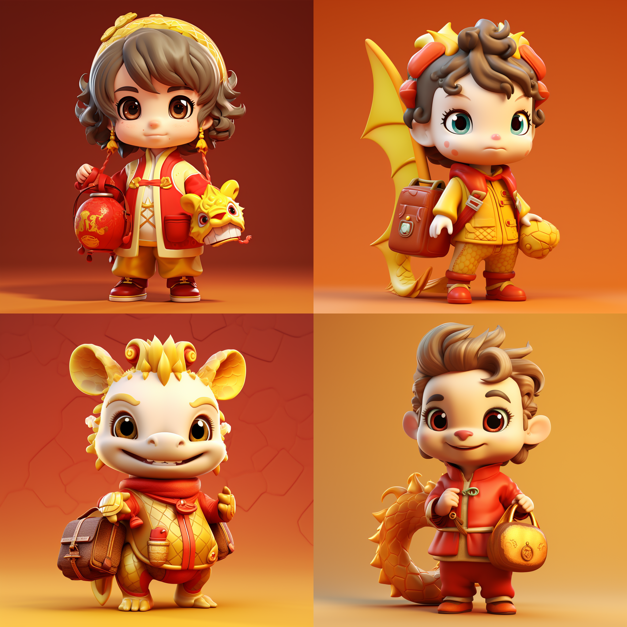 可爱的小龙，浅黄色皮肤，红色传统中国服装，手里拿着包包，黄色背景，灯笼，吉祥云，3d，泥土材质，卡通风格，任天堂风格，可爱，光滑，有光泽，红色和金色，渐变色，独特的角色设计，可爱且多彩，最高细节，最佳质量，高清，8k。