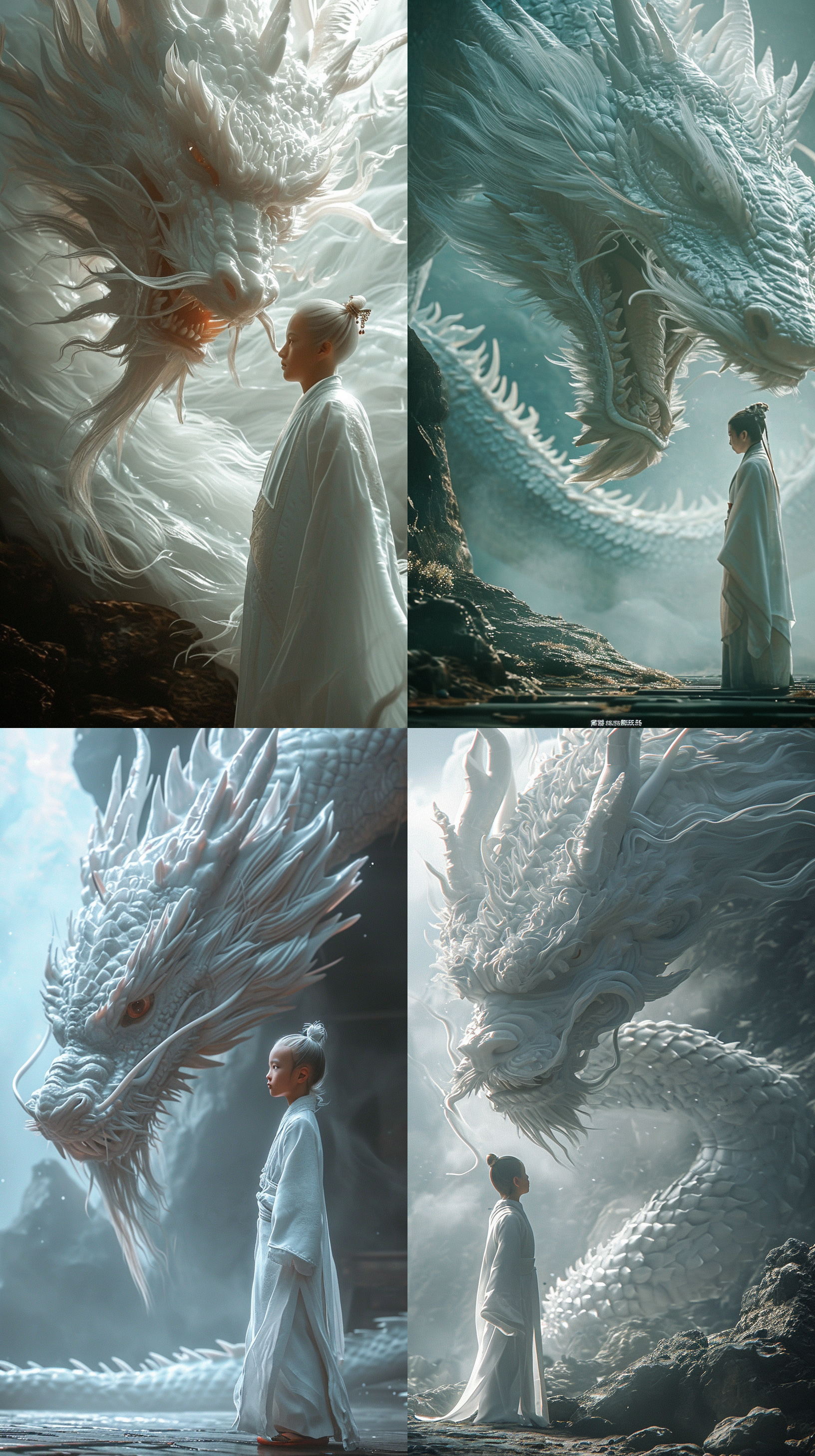 白袍中国男孩与巨型白色中国龙对视，哑光油画，幻想艺术，电影灯光，c4d渲染，超高分辨率，精细细节，32k，栩栩如生，神秘氛围，暗色调，细腻笔触，壮丽景象。