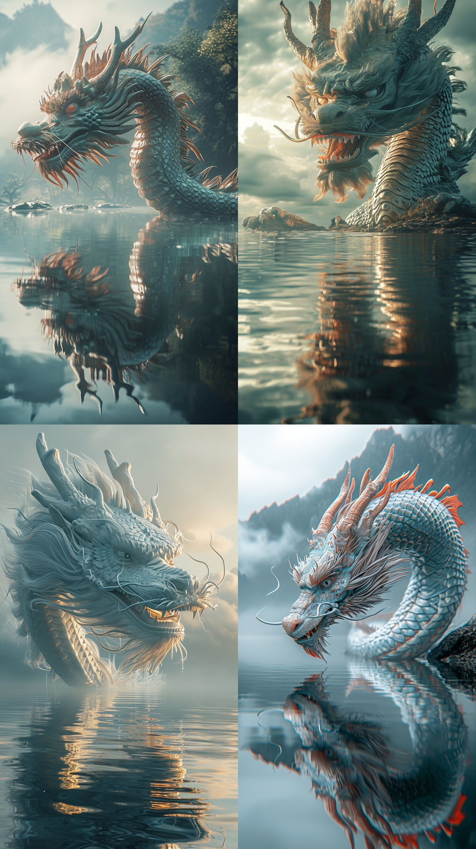 巨型中国龙，平静湖面，徐徐上升，c4d渲染技术，逼真细节，远景取景，湖水倒影，广角镜头，柔和光线，浅色调，神秘氛围。