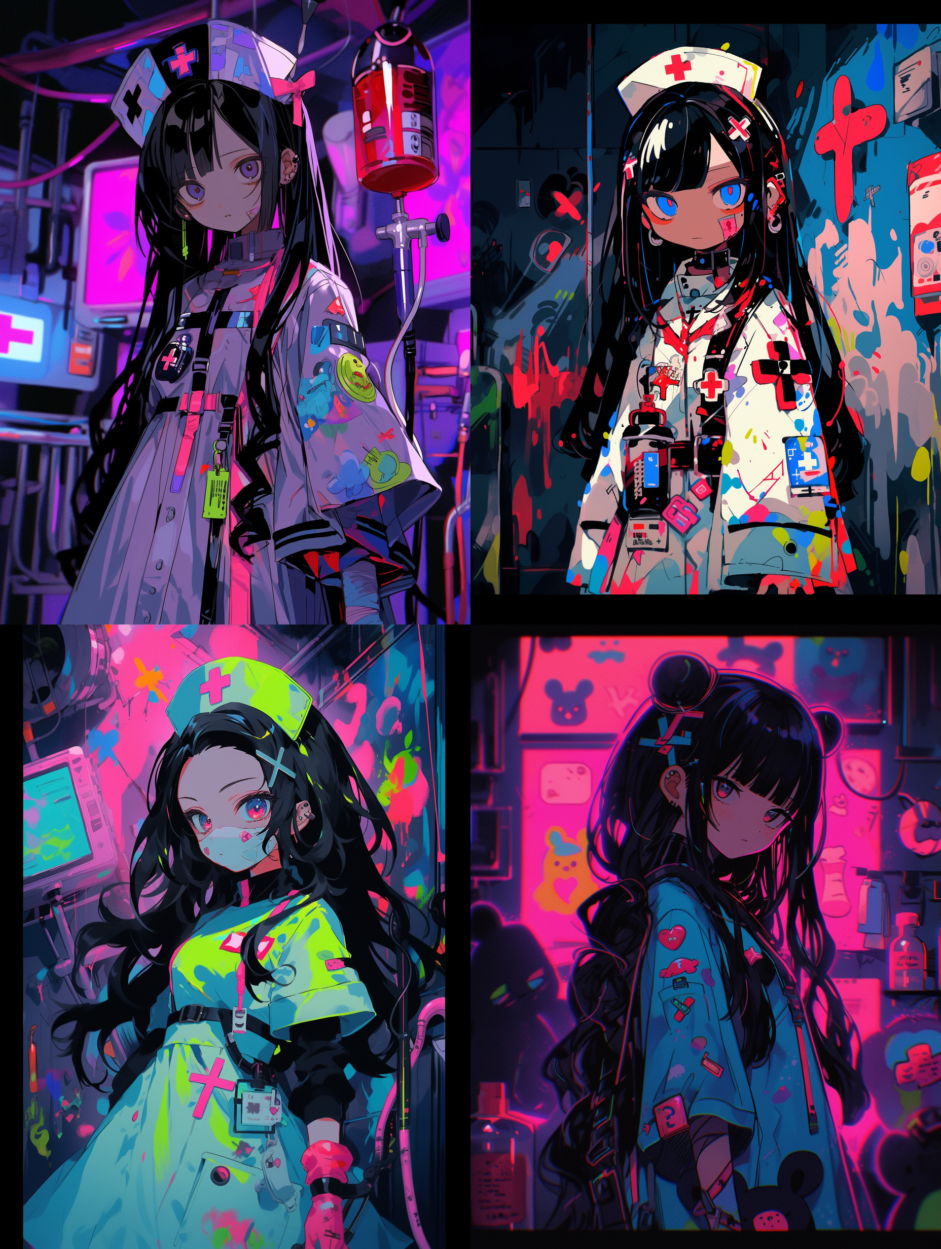 平涂，涂鸦风，粗轮廓，cinematic，丰富的色彩，neon shades，小女孩，黑发，长发，蓝瞳，细致的脸部描写，护士服，吊针，针管，玩偶，颈环