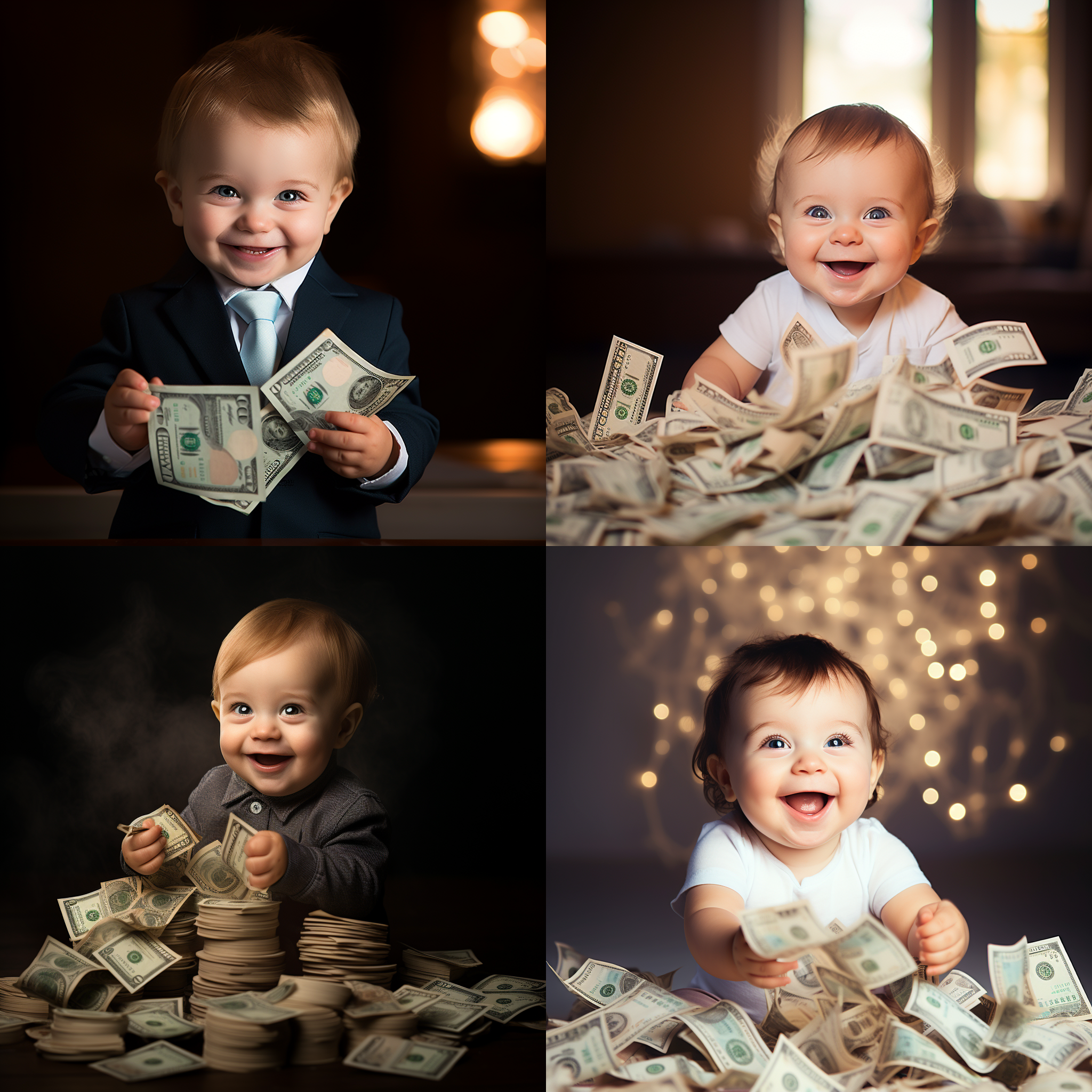 宝宝手拿钞票，正面视角，明亮室内，柔和光线，浅景深，细节清晰，大眼睛，竖直构图，温暖色调，开心表情，可爱。