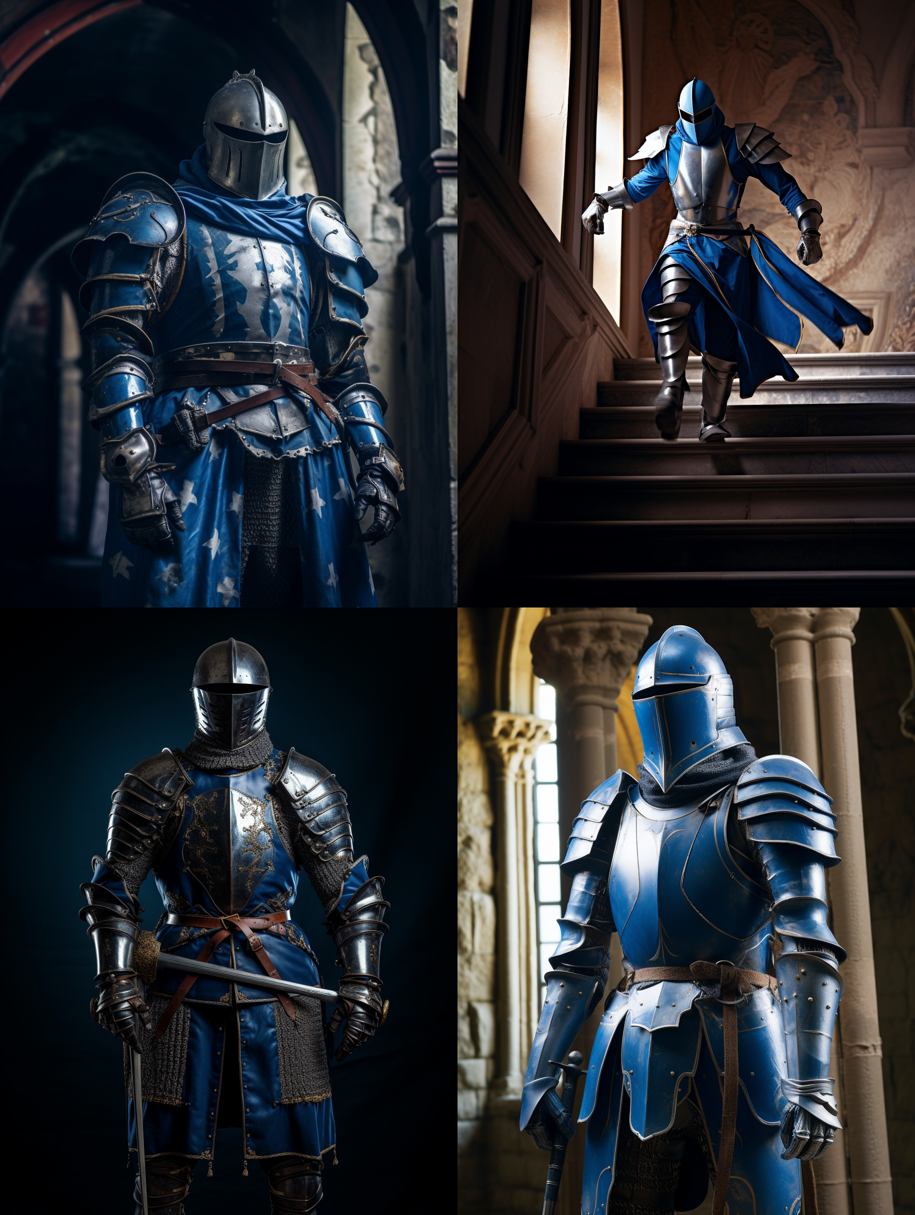 中世纪蓝色骑士，全身照，2:3宽高比，垂直构图，古堡内，蓝色调，长焦镜头，柔光，优雅动作，抬头挺胸，自信。
