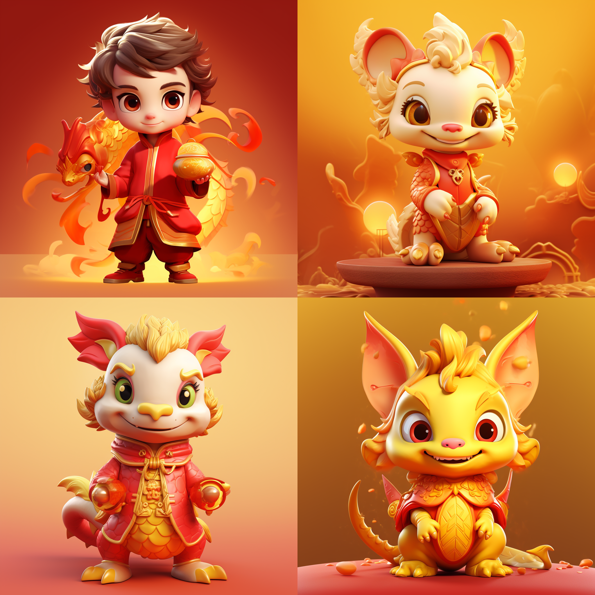 可爱的小龙，浅黄色皮肤，红色传统中国服装，黄色背景，灯笼，吉祥云，3d，泥土材质，卡通风格，任天堂风格，可爱，光滑，有光泽，红色和金色，渐变色，独特的角色设计，可爱且多彩，最高细节，最佳质量，高清，8k。