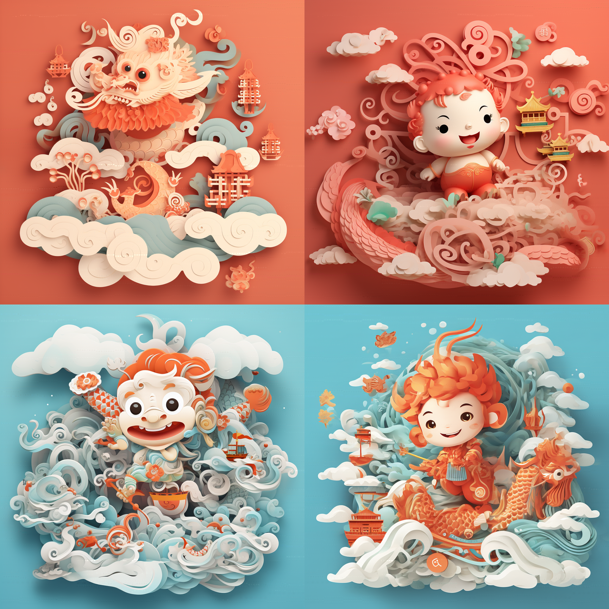 开心快乐的小龙宝宝，剪纸风格，祥云、大海，正面朝向，春节喜庆背景，金钱，摇钱树，灯笼，对角线布局，广角镜头，柔光，等构。