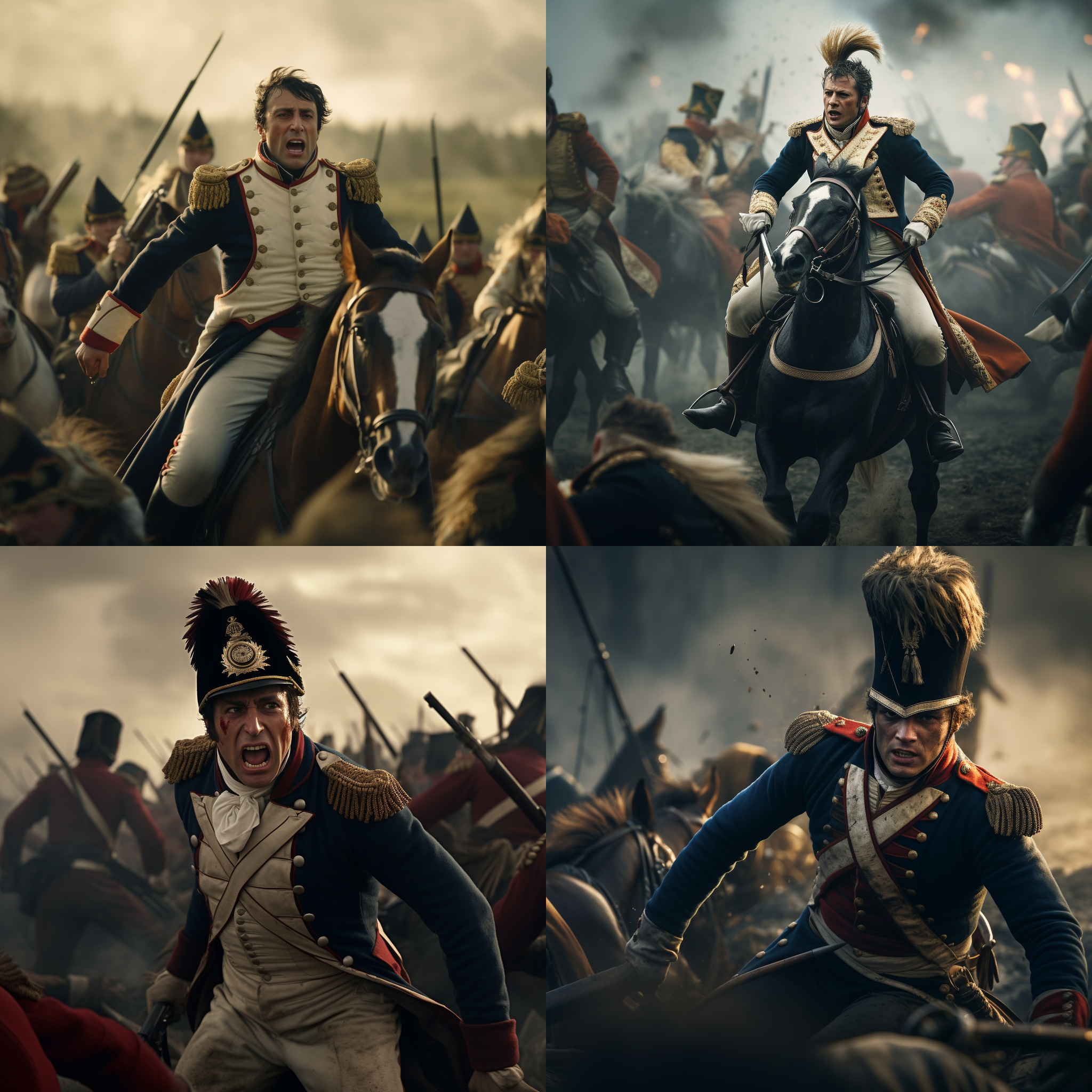拿破仑手举大刀，在前线厮杀，有人倒地，骑兵对杀，电影镜头，细腻精致，4k