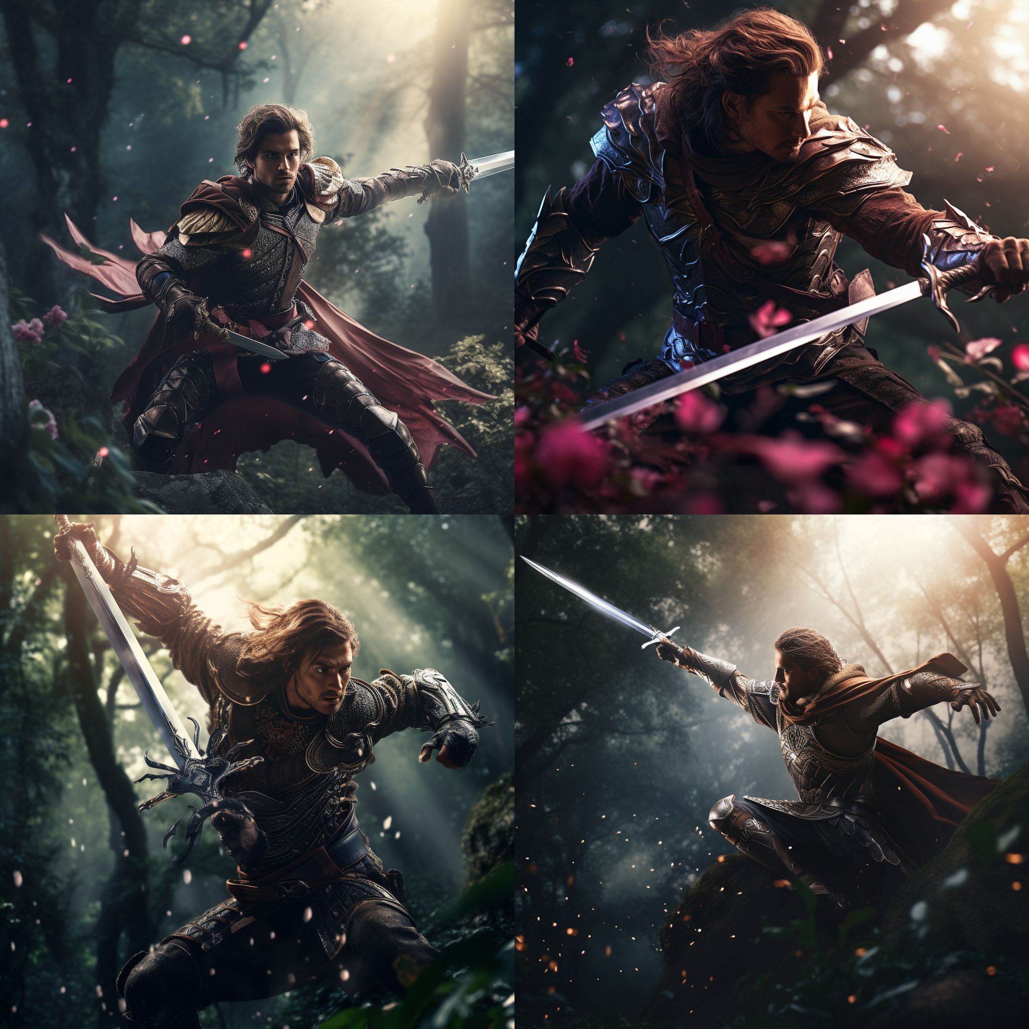 身披战甲，御剑飞行。光线昏暗的森林中，一位勇士挥舞着剑，身体腾空而起。背景是苍翠的树木和迷雾弥漫的山脉。对焦点在勇士身上，呈现出清晰细节和动感。构图采用对角线布局，突显冒险与力量。高饱和度的颜色和柔和的光线增加了神秘感和史诗氛围。冒险，力量，神秘，战斗，飞行。