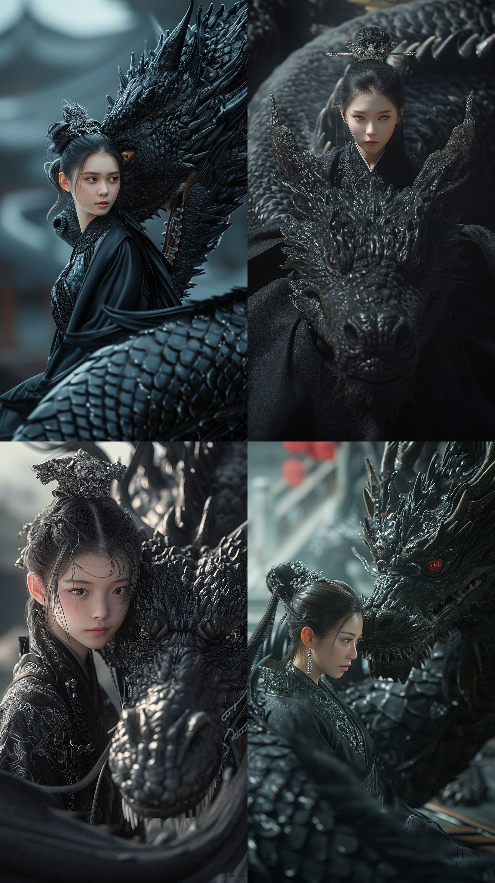 中国女孩穿着黑色传统汉服，坐在一条巨型黑龙背上，大场景。特写镜头展现了龙的栩栩如生细节，使用c4d渲染技术呈现超高分辨率的图像。电影灯光营造出神秘而宏伟的氛围。黑色华丽的主调与龙的雄壮气势相得益彰。整个画面充满动感，给人一种令人惊叹的感觉。女孩表情庄重，眼神坚定，传达出自信和力量。