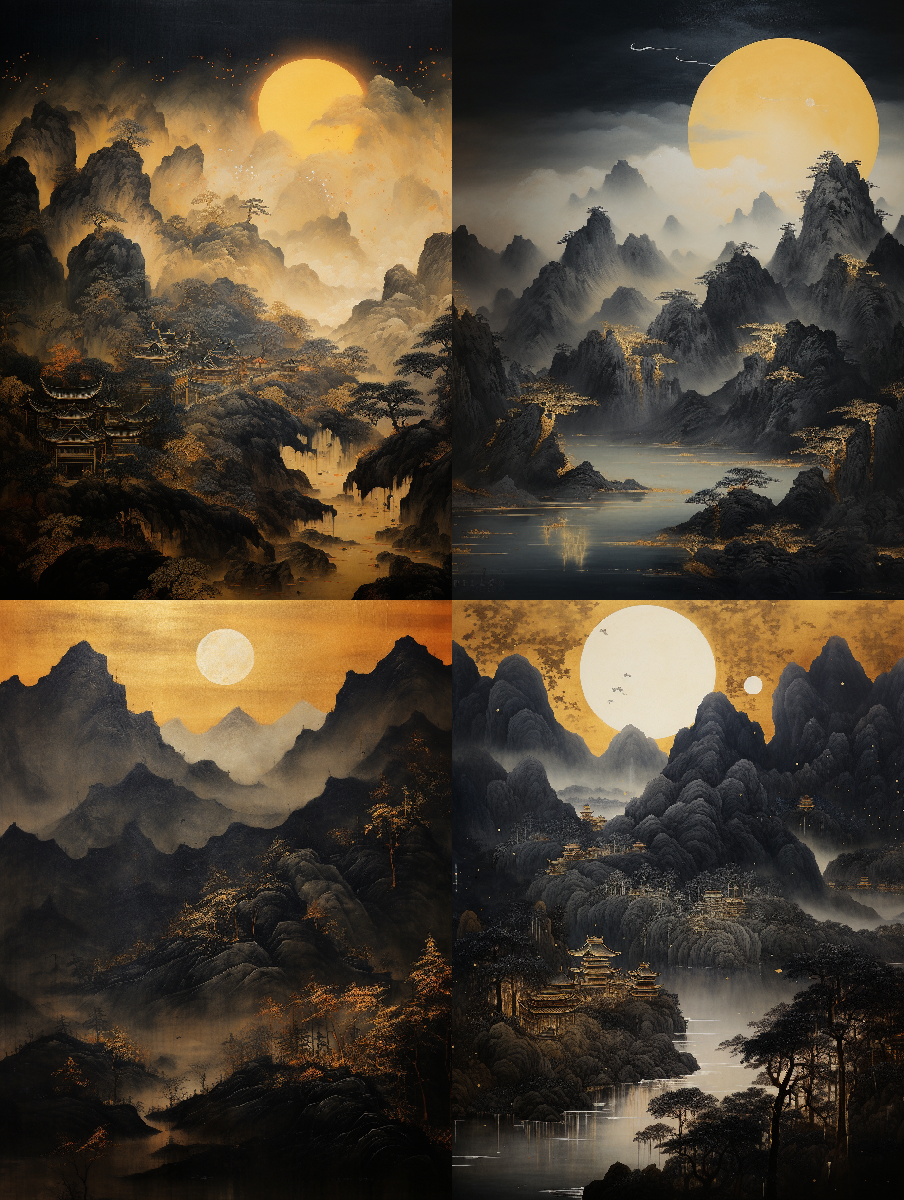 老山水画上的月亮，金色和黑色，黑色背景，黑色天空，金色山脉，超细细节，高分辨率，丝绸画，宋微宗，壁画，纹理，笔触，金色笔触，极简主义，古典建筑。