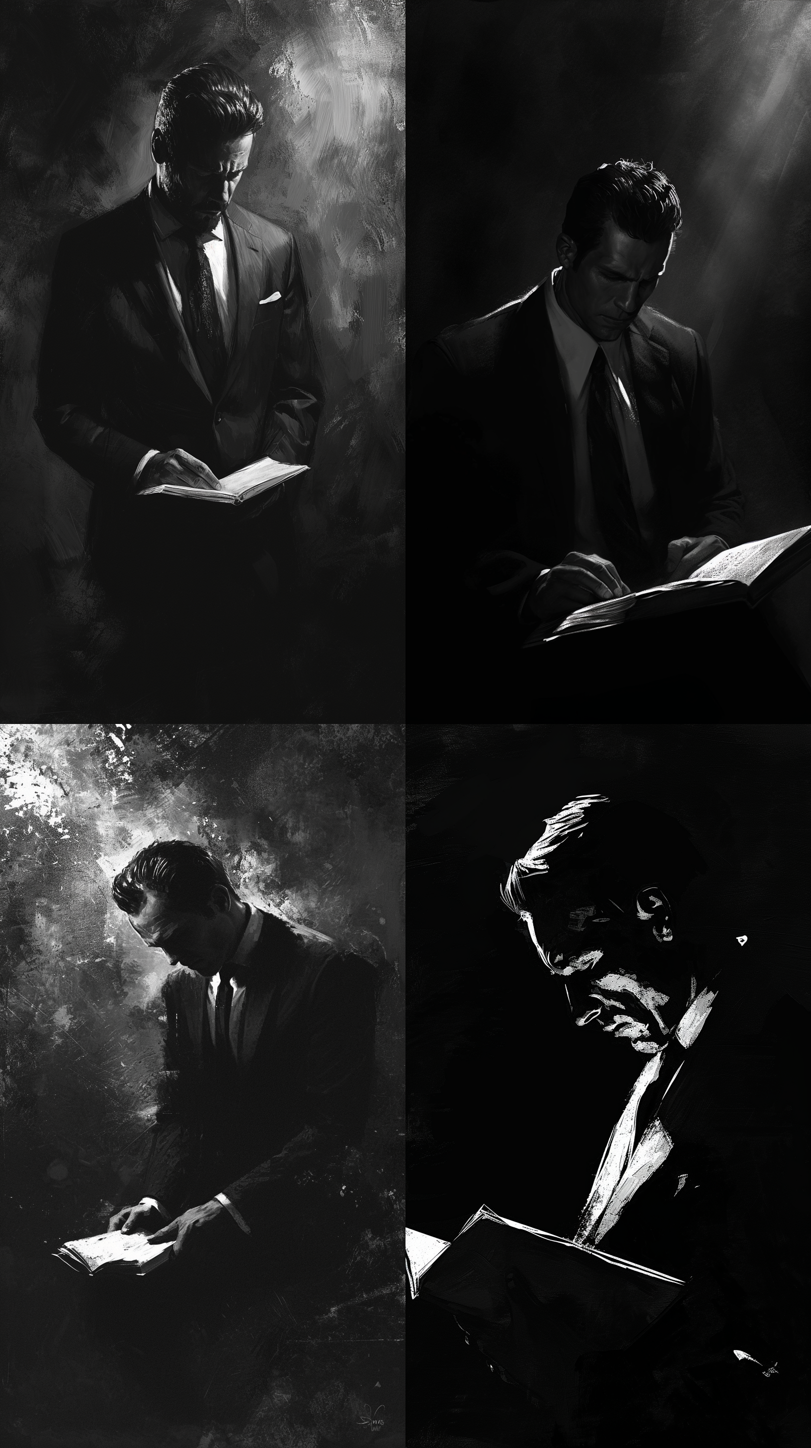 身穿西装的男人，低头读书，阴暗背景，插画风格，透视构图，黑白色调，细节清晰，拟人化，专注，思考，神秘。