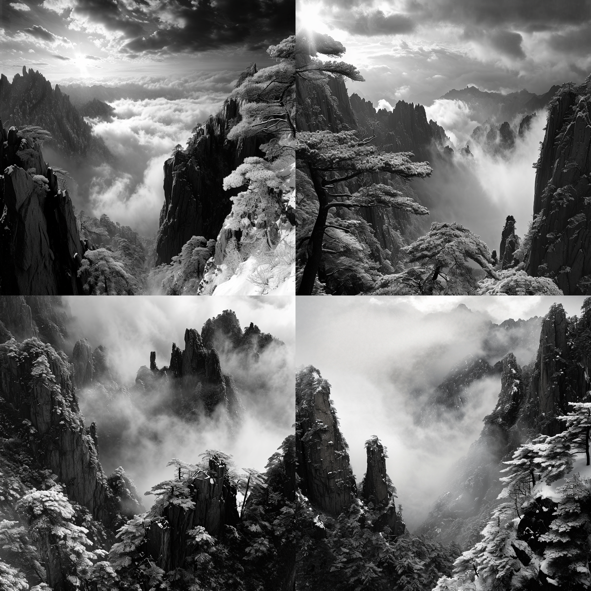 超真实，高清黑白摄影风格照片，飘渺奇幻黄山自然风景，云雾，雪景，16:9画幅，明暗对比强烈，细节丰富，纵深感，梦幻般的视觉冲击。