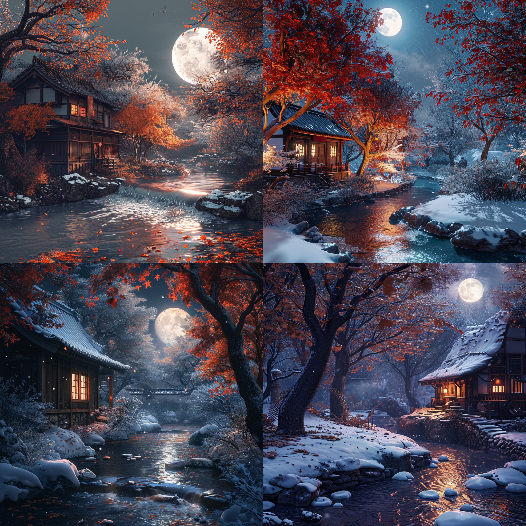 古建筑旁小溪，明月照耀，雪景下的乳叶枫树。高清摄影风格，超写实cg渲染，细节丰富，明暗对比强烈，纵深感，梦幻般的视觉冲击，傍晚色调，小溪流动，舒缓氛围，宁静祥和。