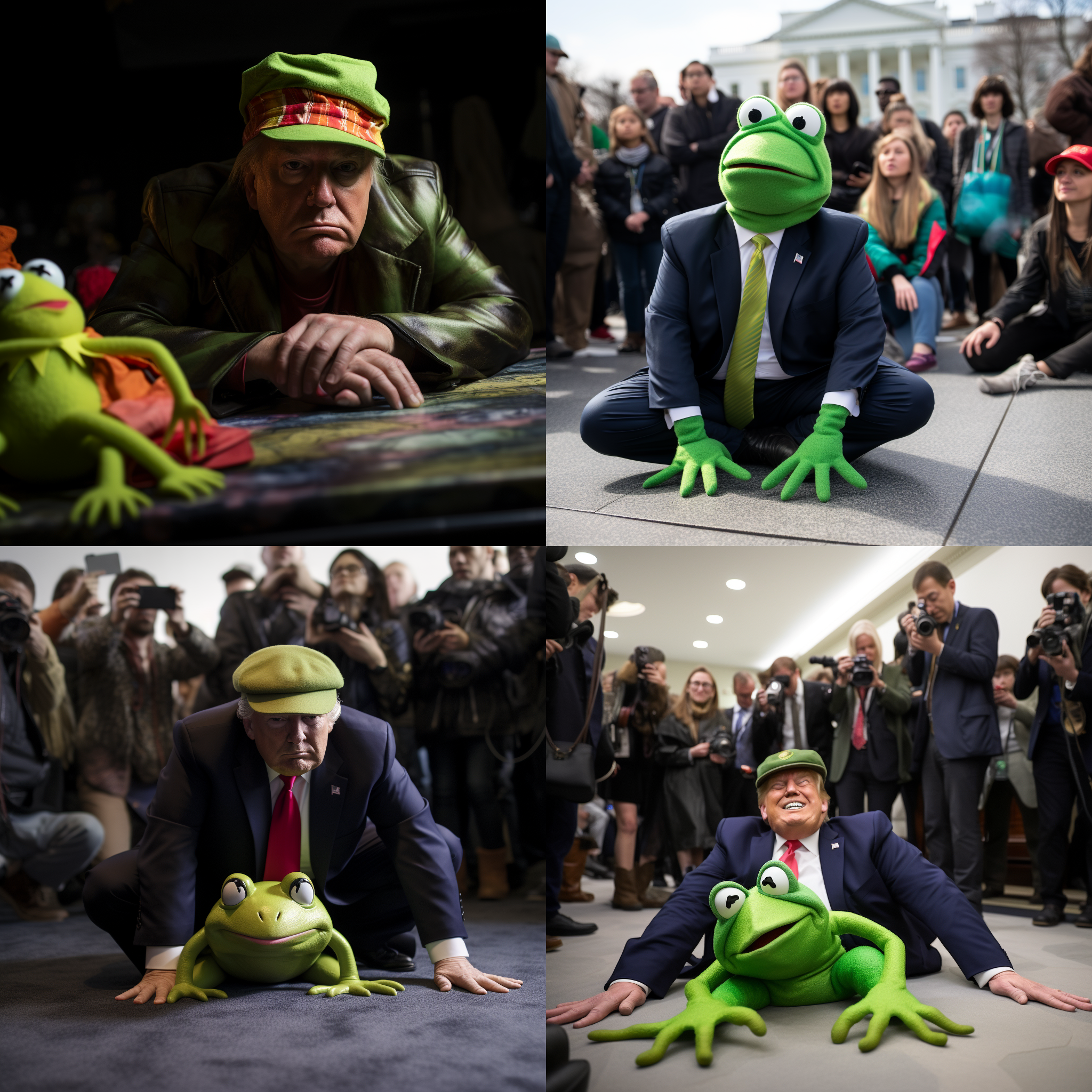 特朗普躺在地上，戴着绿色青蛙帽子。画面采用低角度拍摄，广角镜头呈现出独特的透视感。助理站在旁边，被特朗普紧紧抓住裤腿，表情充满不舍和无奈。整个场景充满戏剧性，配以明亮的色彩和强烈的对比度，营造出一种荒诞又夸张的氛围。搞笑，抵抗，拖延，决心，坚持。