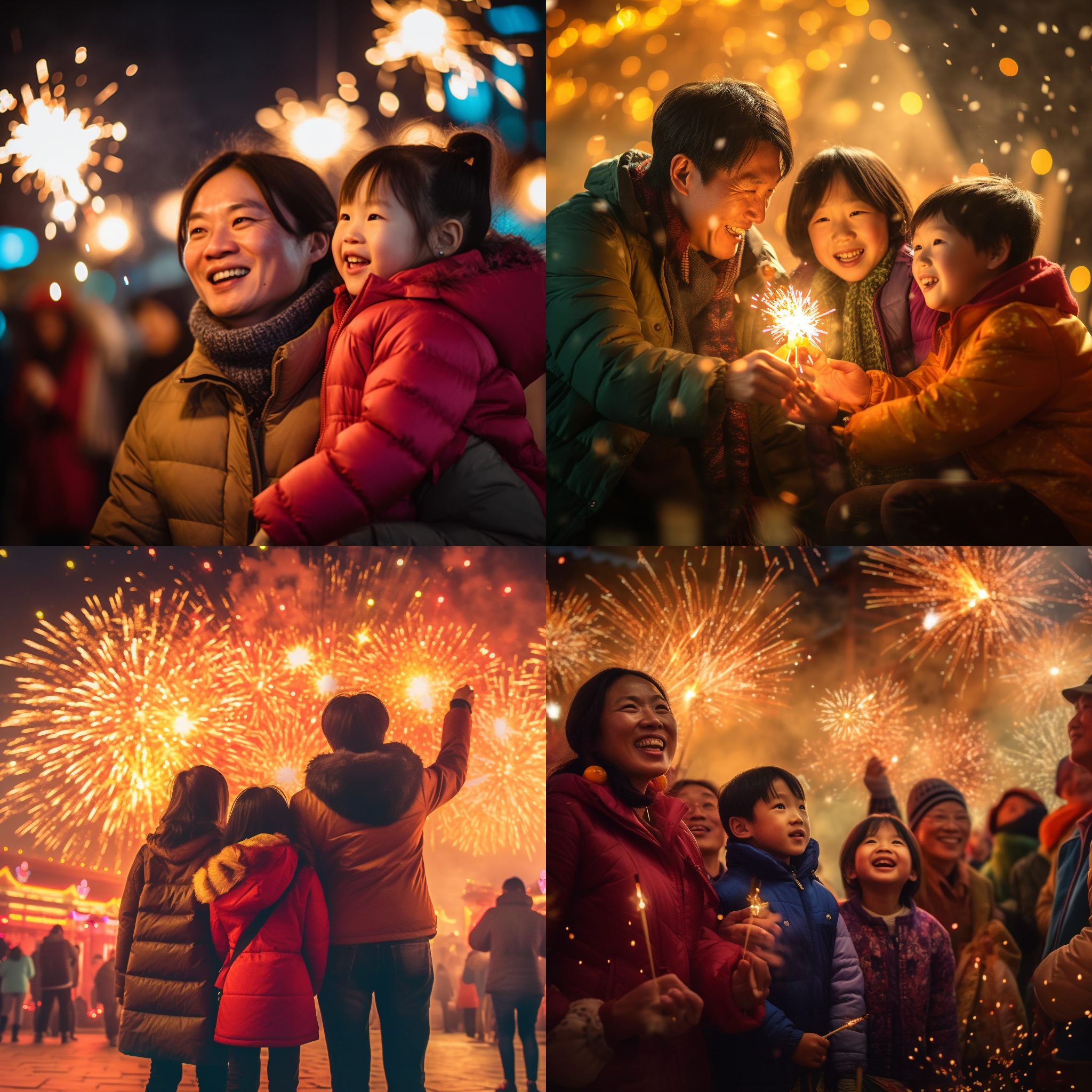 过年，一家人放烟花，色彩鲜艳且饱和，烟花特写，温暖的色调让人感受到浓浓的家庭温馨。喜悦、幸福、团圆。明亮环境，远镜头，自然光线，笑容，柔和对比度，家庭聚会，温馨。