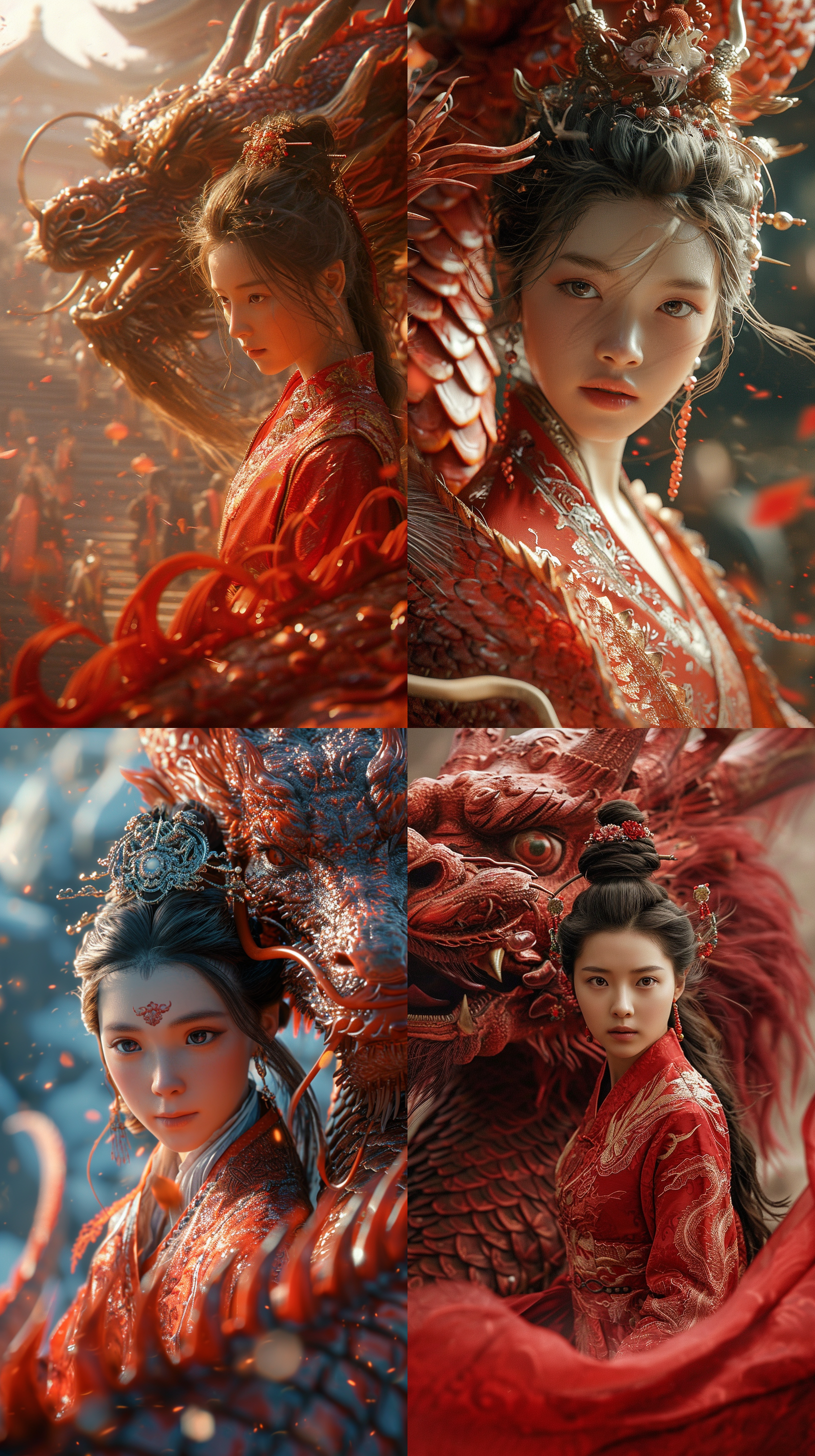 中国女孩穿着红色传统汉服，坐在一条巨型红龙背上，大场景。特写镜头展现了龙的栩栩如生细节，使用c4d渲染技术呈现超高分辨率的图像。电影灯光营造出神秘而宏伟的氛围。红色华丽的主调与龙的雄壮气势相得益彰。整个画面充满动感，给人一种令人惊叹的感觉。女孩表情庄重，眼神坚定，传达出自信和力量。