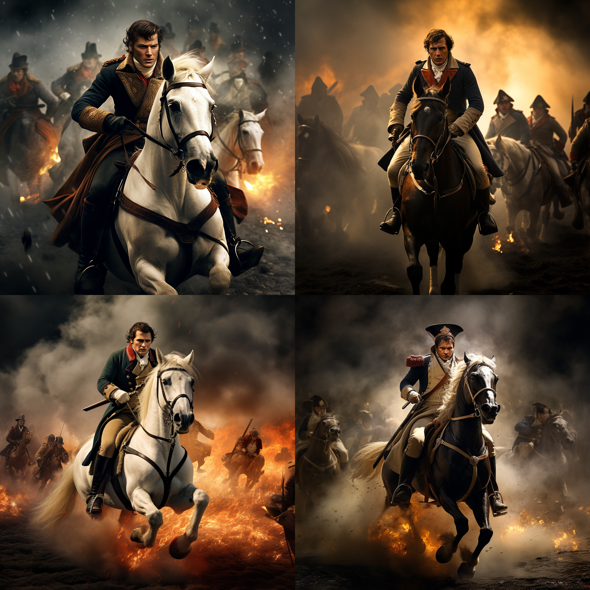 拿破仑骑马冲锋陷阵，身后一大队人马，电影场景，大广角镜头，精致细腻，侧逆光，烟火缭绕，尘土飞扬