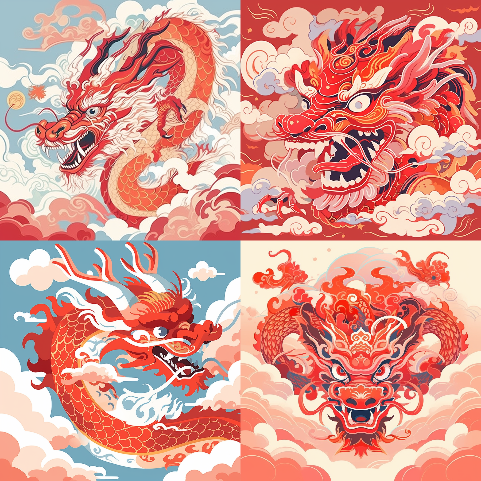 扁平插画，中国传统版画，春节，中国龙，红色背景，亮色调，龙头向上搞搞扬起，云纹