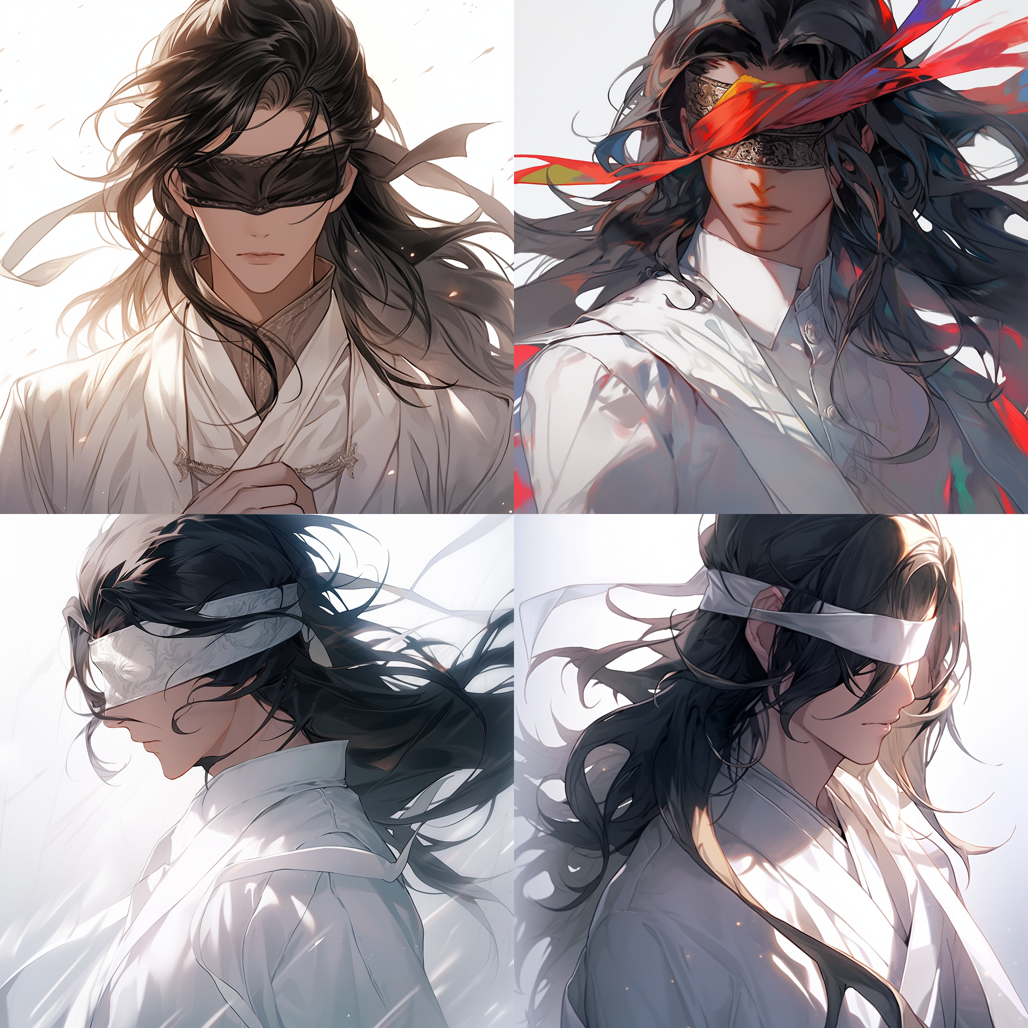 白衣黑长发古风帅哥，侠客，色彩丰富，瞎子蒙眼。对角线布局，自然光线，柔和过渡，细节丰富，暖色调，中焦镜头，抬头仰视，神秘感，决心，力量。