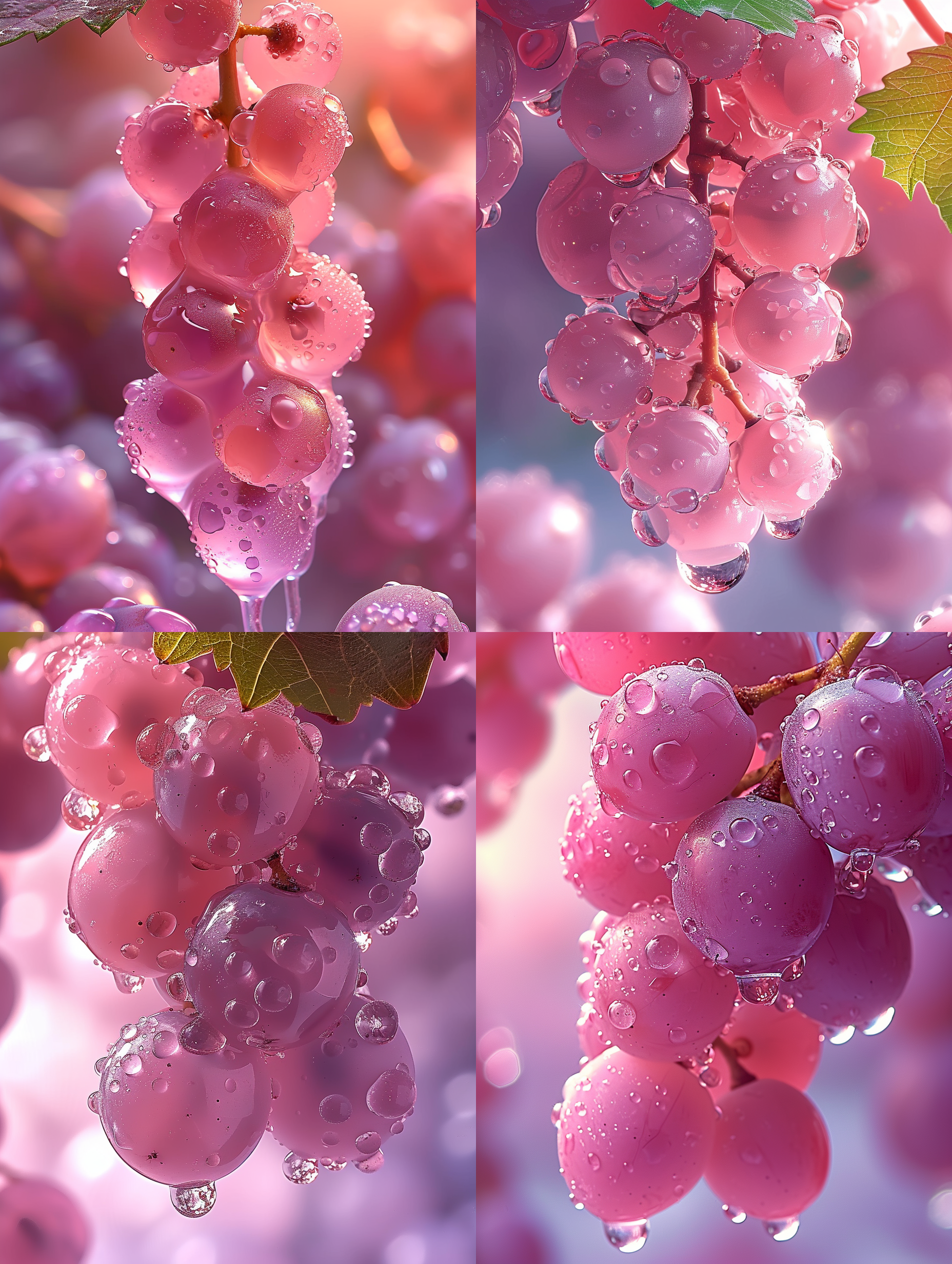 紫色水晶葡萄串，个个晶莹剔透，色泽诱人，个个饱满，汁水丰沛，葡萄串下站着的小人仰头抬望，充满了希望。斜向构图，柔和光线，微跳快门，纯净颜色，温暖氛围，细节丰富，动态模糊，自然表情，生机勃勃，祈愿与期待。 白紫 明亮的 梦幻灯光