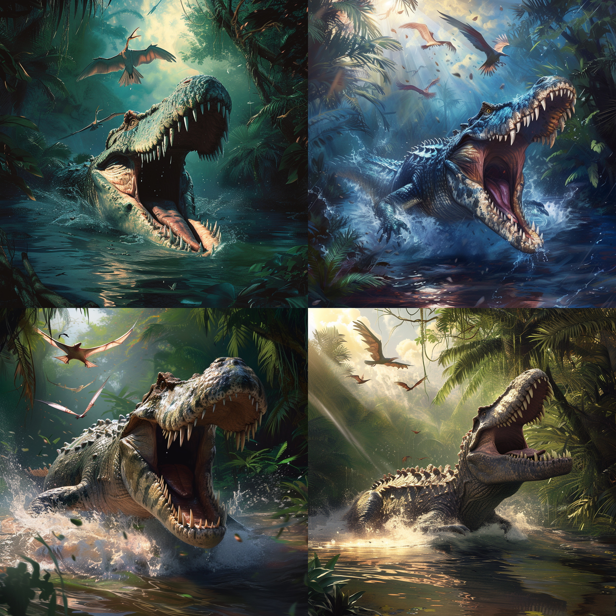 deinosuchus, a prehistoric giant crocodile, emerges from the water with its jaws wide open, capturing the attention of a flock of terrified pterosaurs above. the composition showcases the immense size and power of the deinosuchus against a backdrop of lush tropical foliage. the image features a dramatic lighting with deep shadows and vibrant colors, captured with a telephoto lens, conveying a sense of awe and danger.