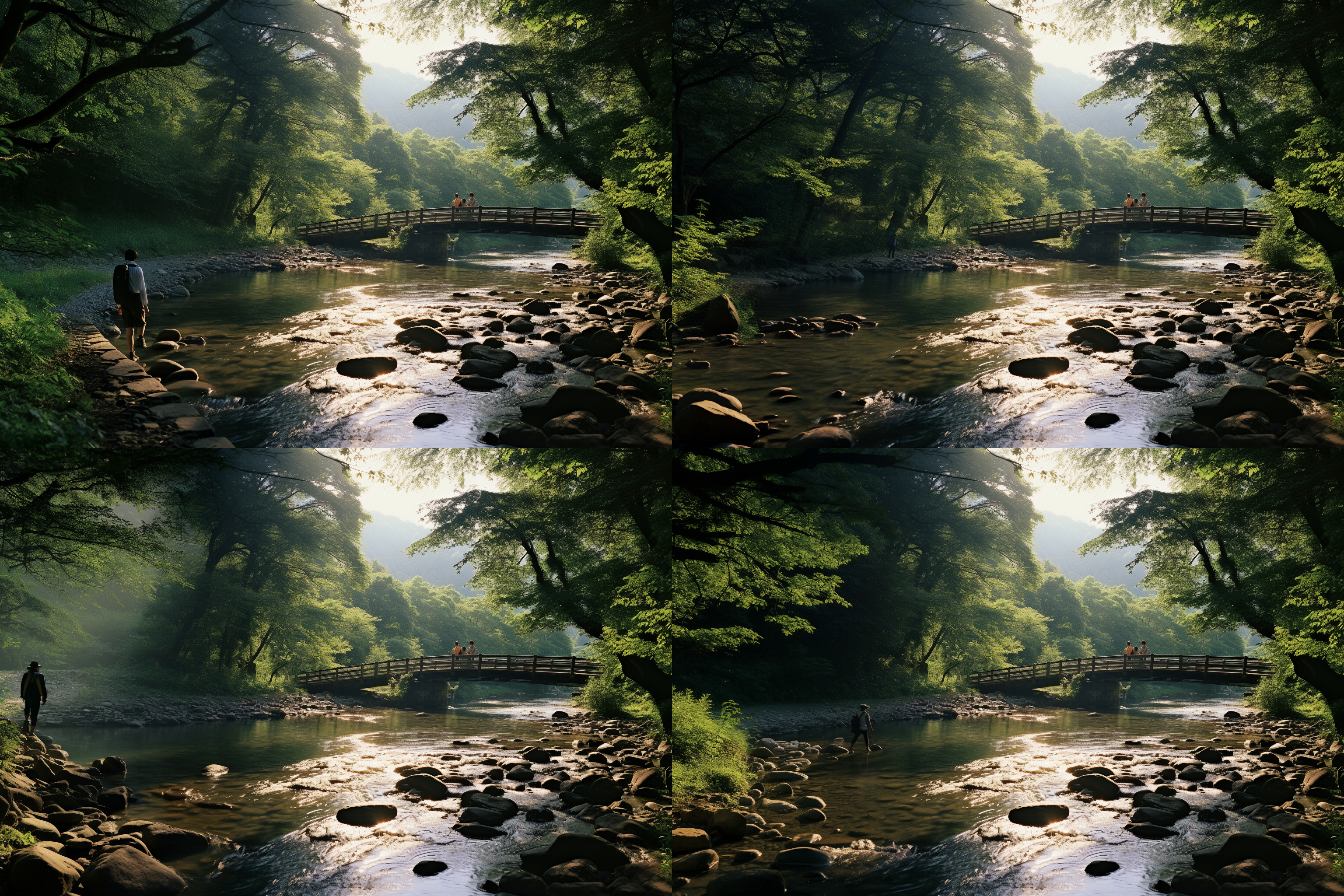 袁家沟解忧沟，清澈的溪水从山谷中流过，两旁是茂密的绿树和鲜花。一座古朴的木桥横跨在溪水上方，连接着两岸。阳光透过树叶洒在桥上，形成斑驳的光影。一位年轻人躺在桥上，似乎在享受宁静和平静。自然风光，对角线构图，柔和的色调，广角镜头，自然光，静态，宁静，放松。