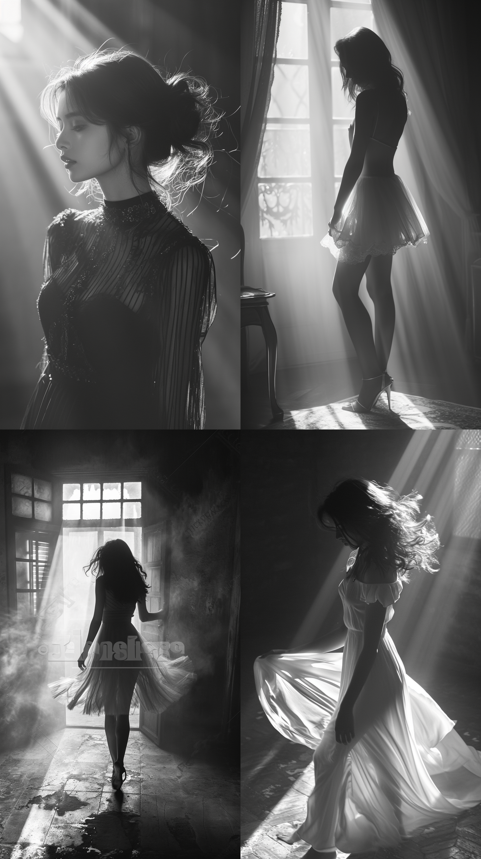 女性形象，独特构图，黑白风格，高光对比，室内环境，长焦镜头，逆光，细腻线条，自由飞翔，神秘。