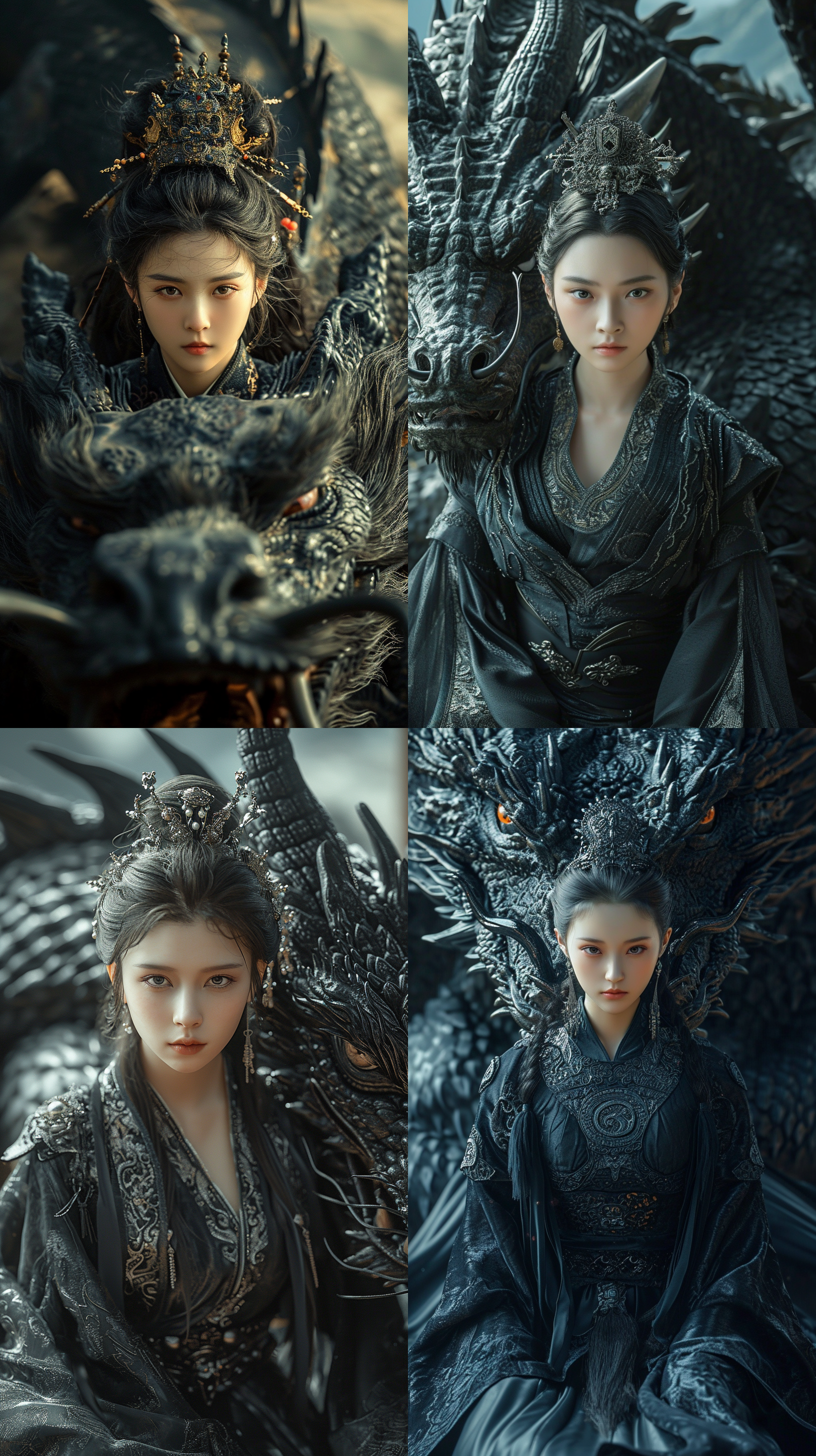 中国女孩穿着黑色传统汉服，坐在一条巨型黑龙背上，大场景。特写镜头展现了龙的栩栩如生细节，使用c4d渲染技术呈现超高分辨率的图像。电影灯光营造出神秘而宏伟的氛围。黑色华丽的主调与龙的雄壮气势相得益彰。整个画面充满动感，给人一种令人惊叹的感觉。女孩表情庄重，眼神坚定，传达出自信和力量。