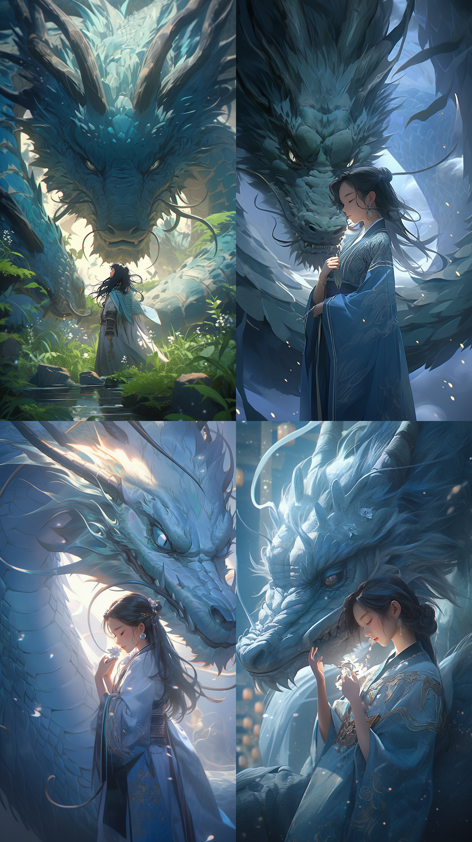 中国女孩穿着青色传统汉服，与一条巨型青龙在大场景中。特写镜头展现了龙的栩栩如生细节，使用c4d渲染技术呈现超高分辨率的图像。电影灯光营造出神秘而宏伟的氛围。青色华丽的主调与龙的雄壮气势相得益彰。整个画面充满动感，给人一种令人惊叹的感觉。巨龙，青色汉服，c4d渲染，高分辨率，电影灯光，神秘，宏伟，动感。
