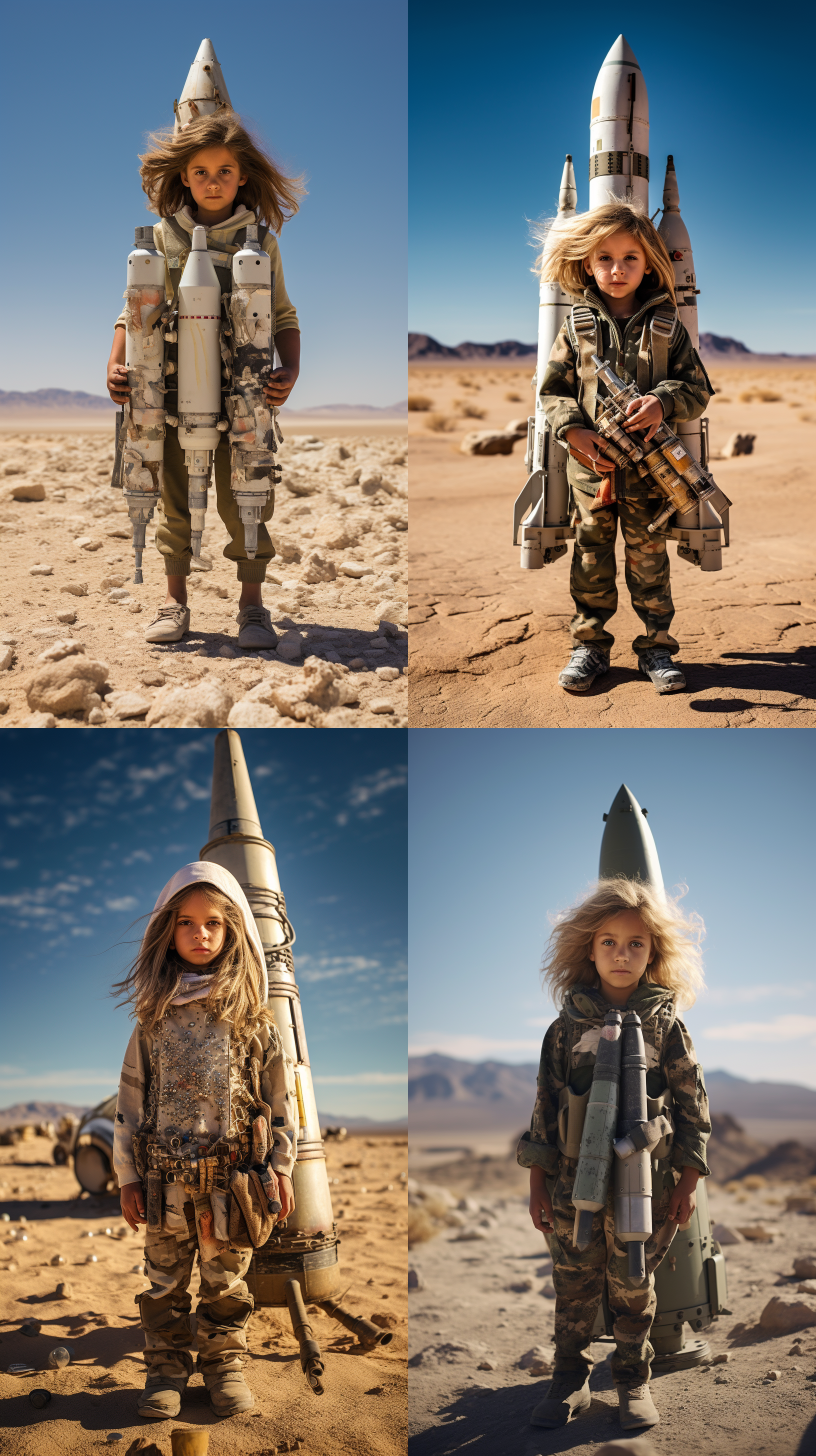 卖导弹的小女孩，站在炽热的沙漠中央，背景是一片广袤的荒原。她身穿沙漠迷彩服，手里拿着一个巨大的导弹模型，眼神坚定而自信。镜头使用鱼眼镜头，突出她的勇敢和冒险精神。明亮的阳光投射在她身上，创造出强烈的对比度。行动，独特元素，暖色调，冒险，自信。