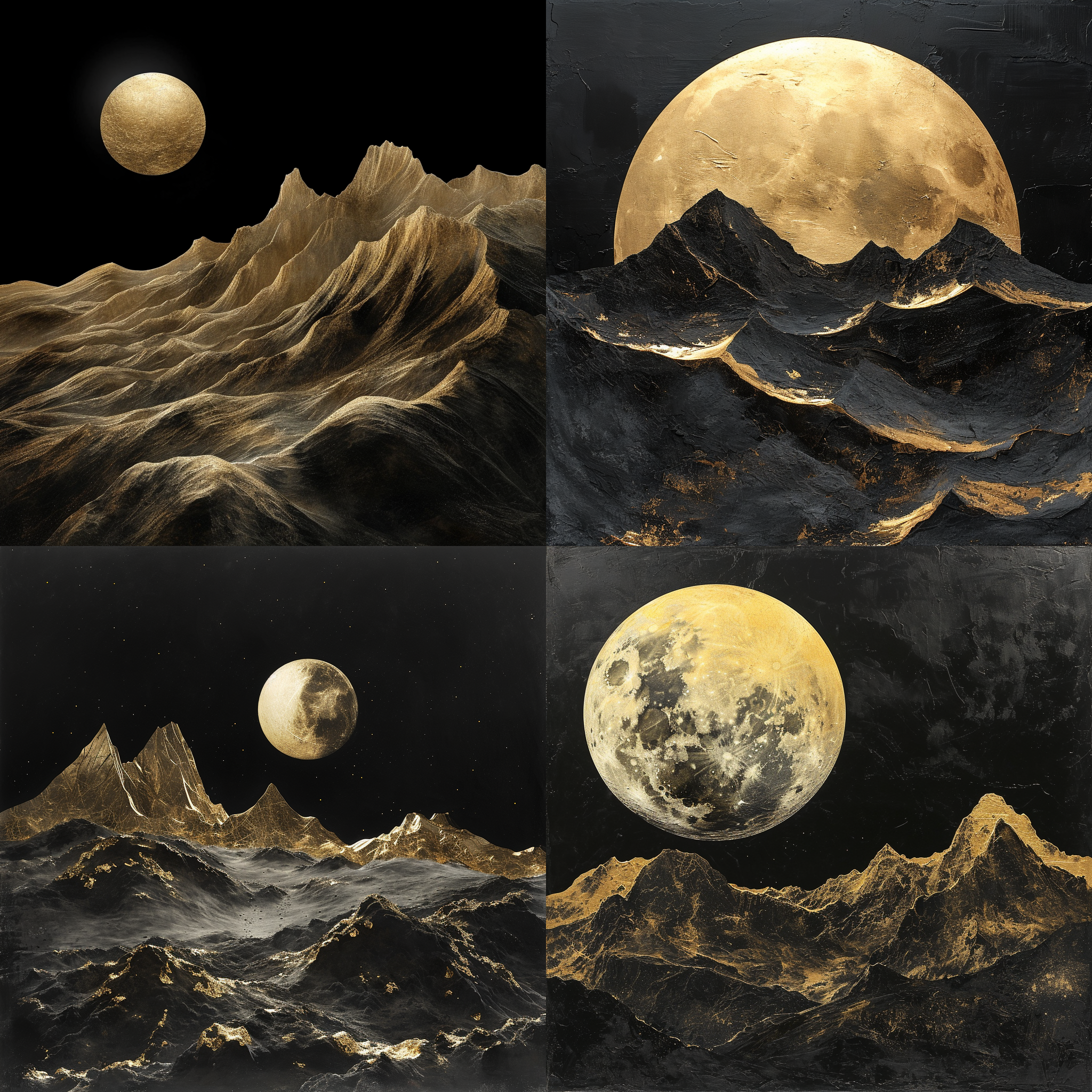 月亮上的山水画，金色与黑色交织，超真实摄影风格照片，黑色背景下的金色山脉，高分辨率细节描绘，明暗对比强烈，丝绸画般的纹理和笔触，极简主义构图，古典建筑衬托。