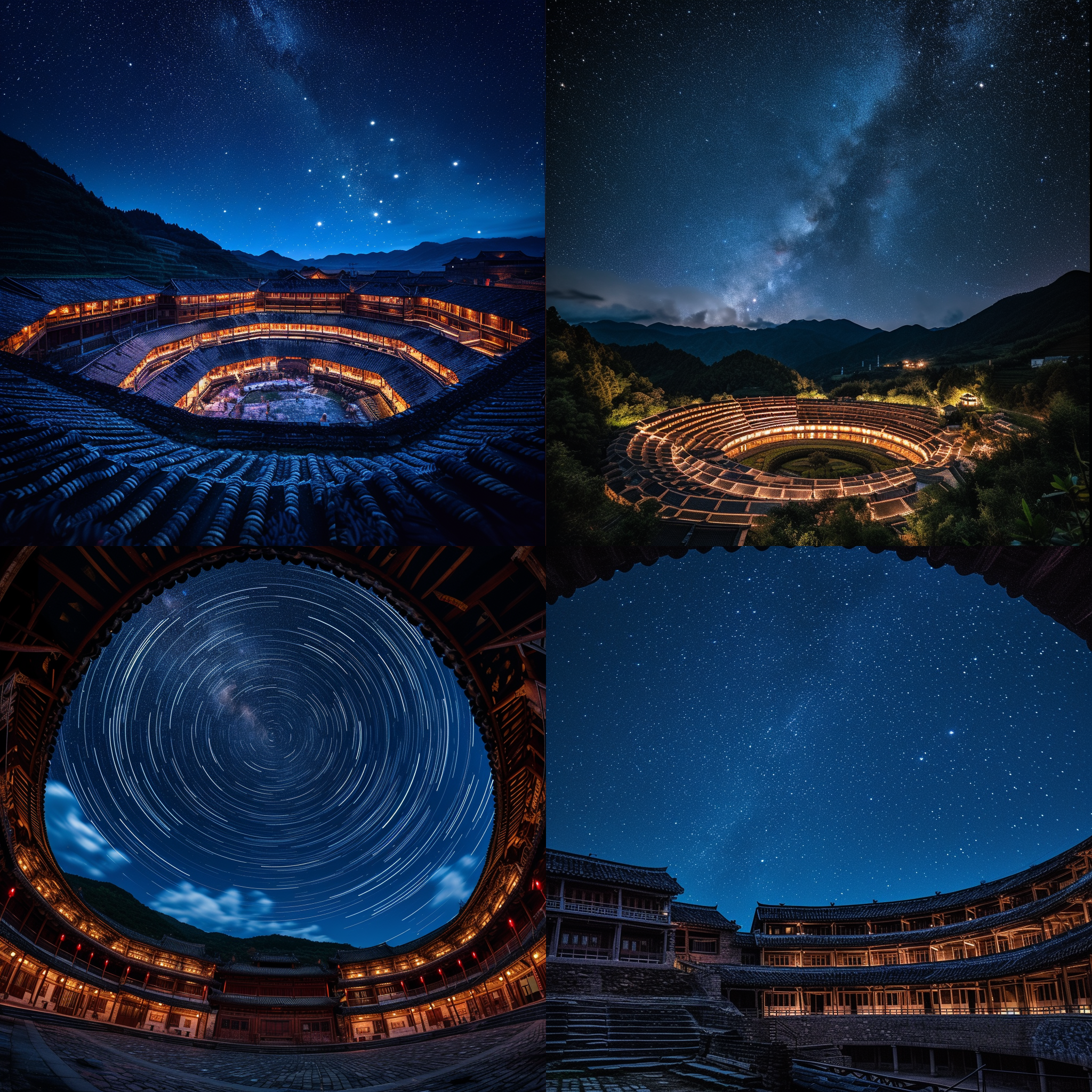 土楼，夜晚，星空下的土楼群，霓虹灯照亮了整个景色，广角镜头捕捉到了土楼的壮丽与星空的辽阔，强烈的对比度，富有层次感的构图，模糊的星轨，安静祥和的氛围，深邃的颜色，让人感受到土楼的庄严与历史韵味。