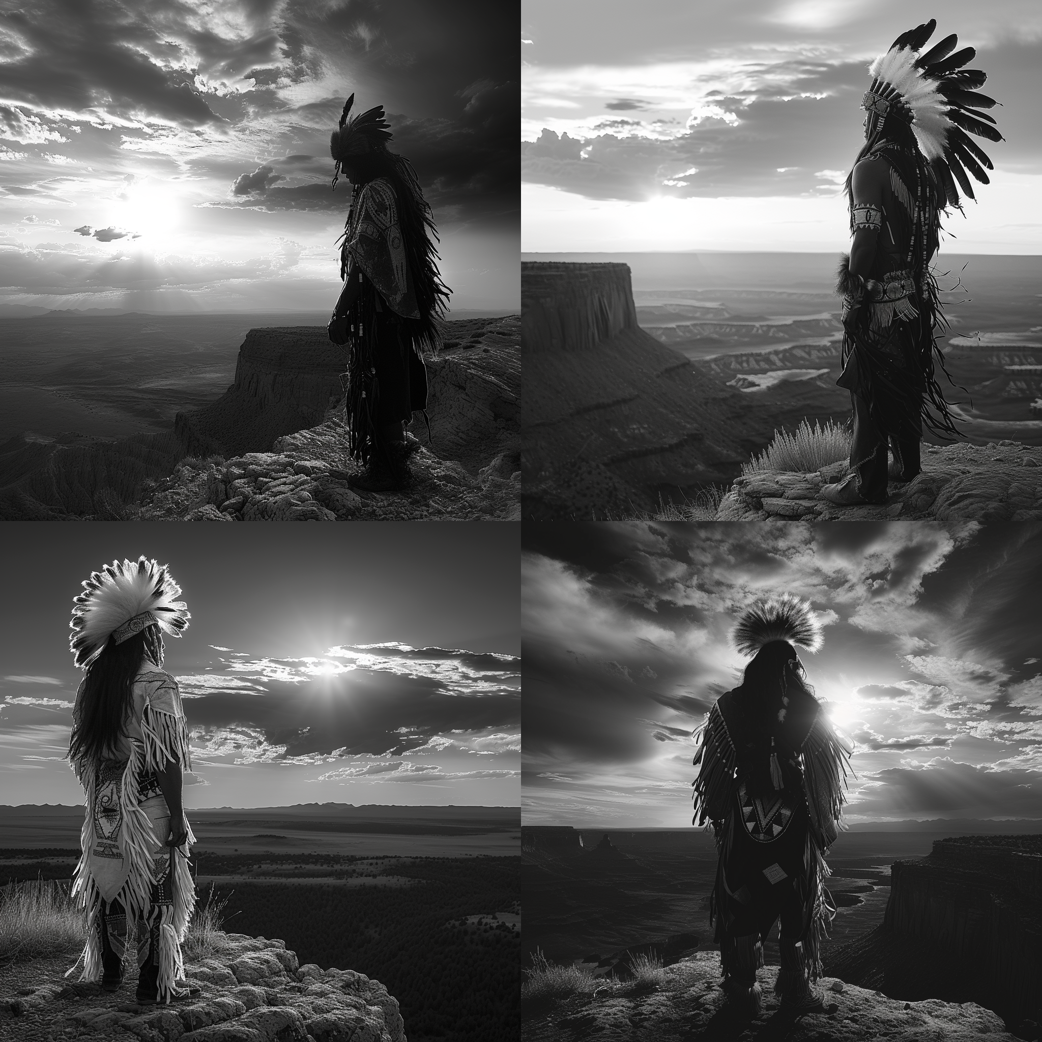 印地安部落酋长，孤独站在山顶，背对夕阳，面对广阔的平原。黑白照片，高对比度，长焦镜头，逆光，静态，威严，坚毅。