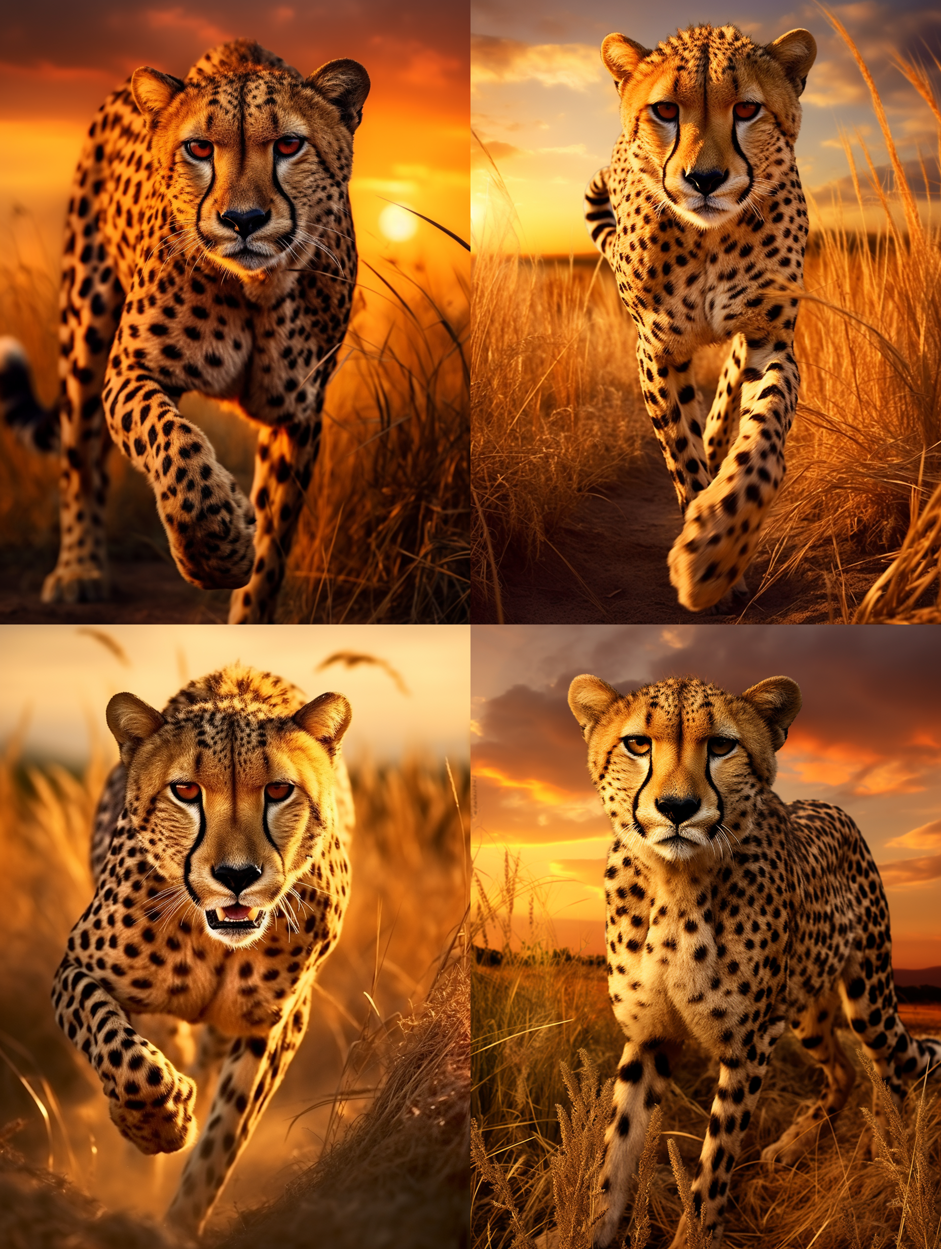 非洲主题和风格，猎豹，james eads，独特构图，大草原上，饱和度高，柔焦，广角镜头，夕阳，奔跑，优雅，丰富的色彩，充满活力。