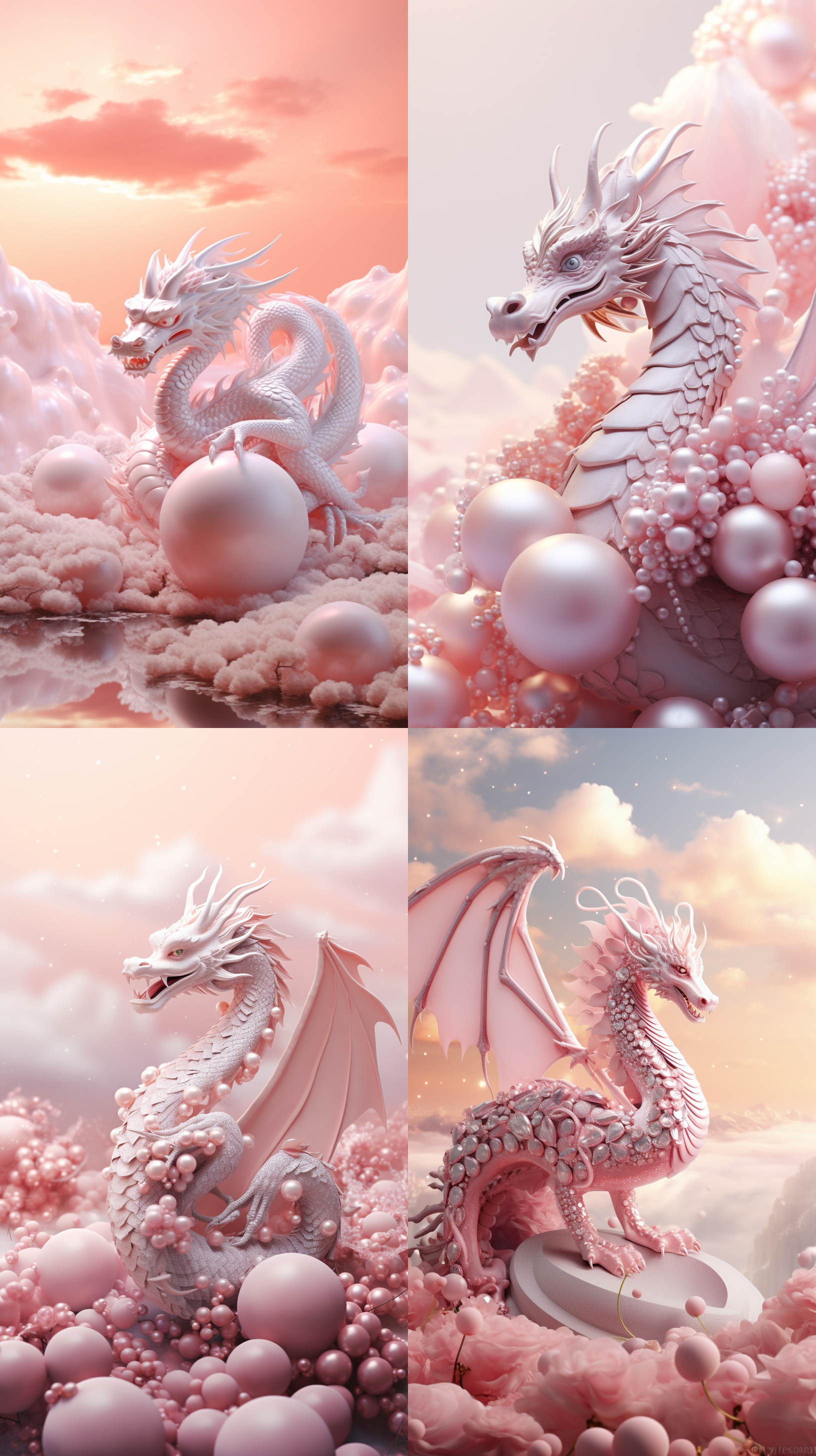 珠光粉色的龙，由小小珍珠组成的龙身，背景是淡粉色云朵。粉色主调，珠光宝气的光泽。细节完美，非常漂亮。珍珠装饰的美。构图精致，全身图，c4d,大场景！广角镜头，柔和侧光，高饱和度。优雅，神秘，华丽