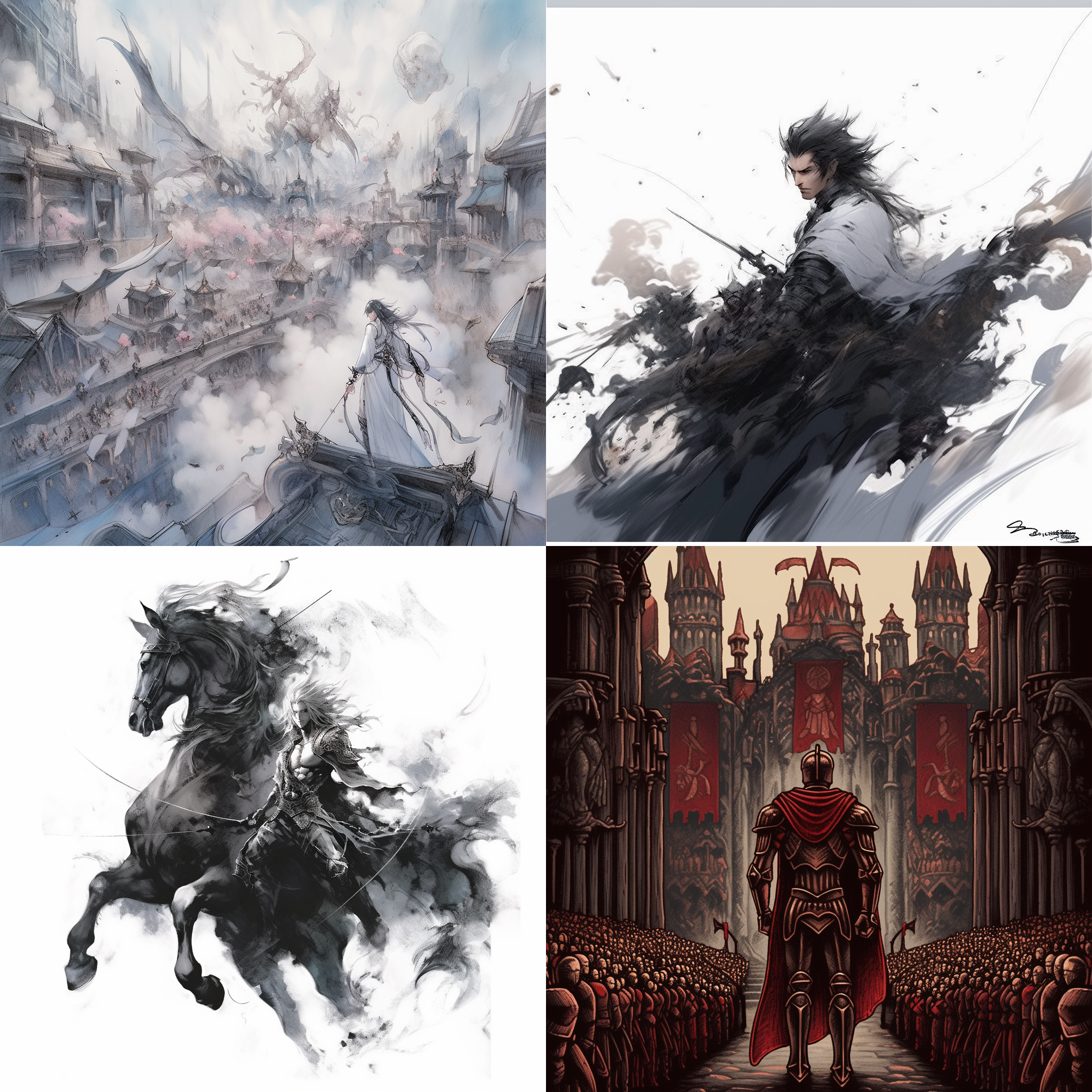 士兵骑马，身穿铠甲，手持宝剑，战场上站着。水墨色彩，黑白对比，丰富细节，ps后期处理，水墨笔刷效果，远景构图，正视图，前景无遮挡。