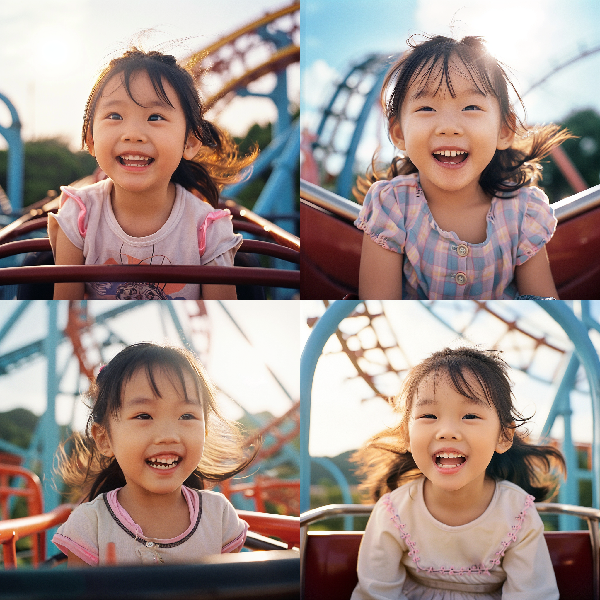 小女孩开怀大笑，坐在过山车上，阳光明媚。富士胶片风格，高质量，大图，自然真实。人像摄影，背景山丘和蓝天，柔和的色调，透露出快乐和无忧的情绪。