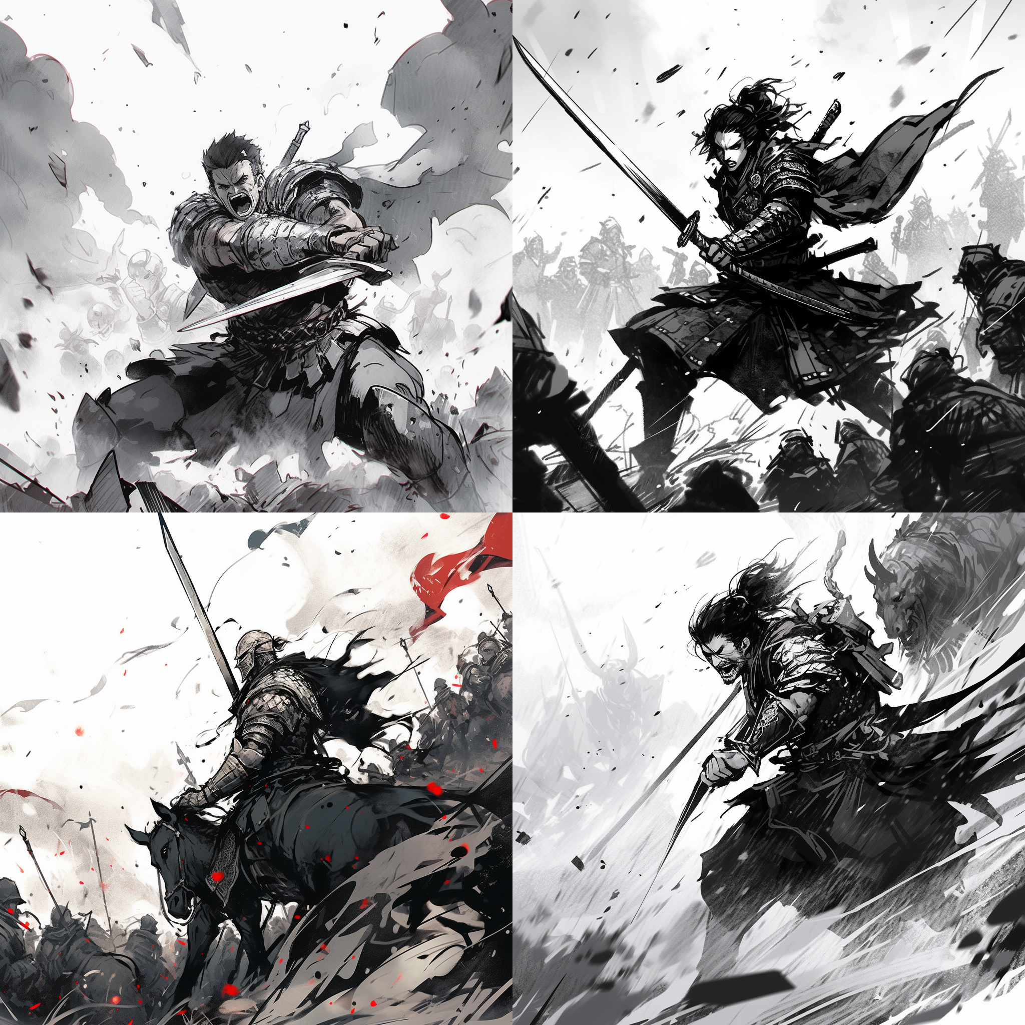 勇士冲锋，低角度，黑白对比，水墨色彩，铠甲，宝剑，战场，士兵，智谋，勇猛，挥斥方遒。